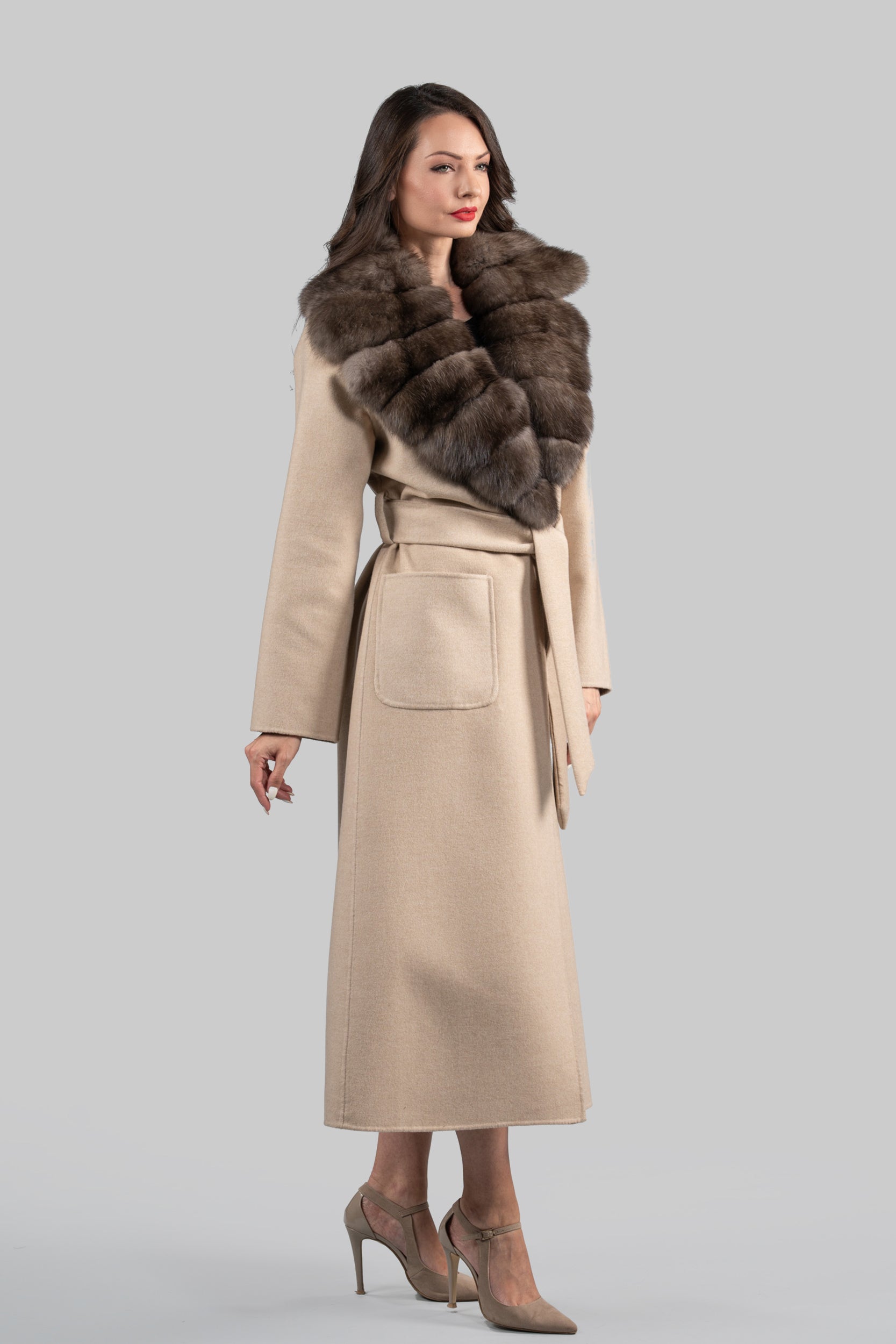 Ecru Cashmere Coat with Russian Sable Notch Collar 22CA235