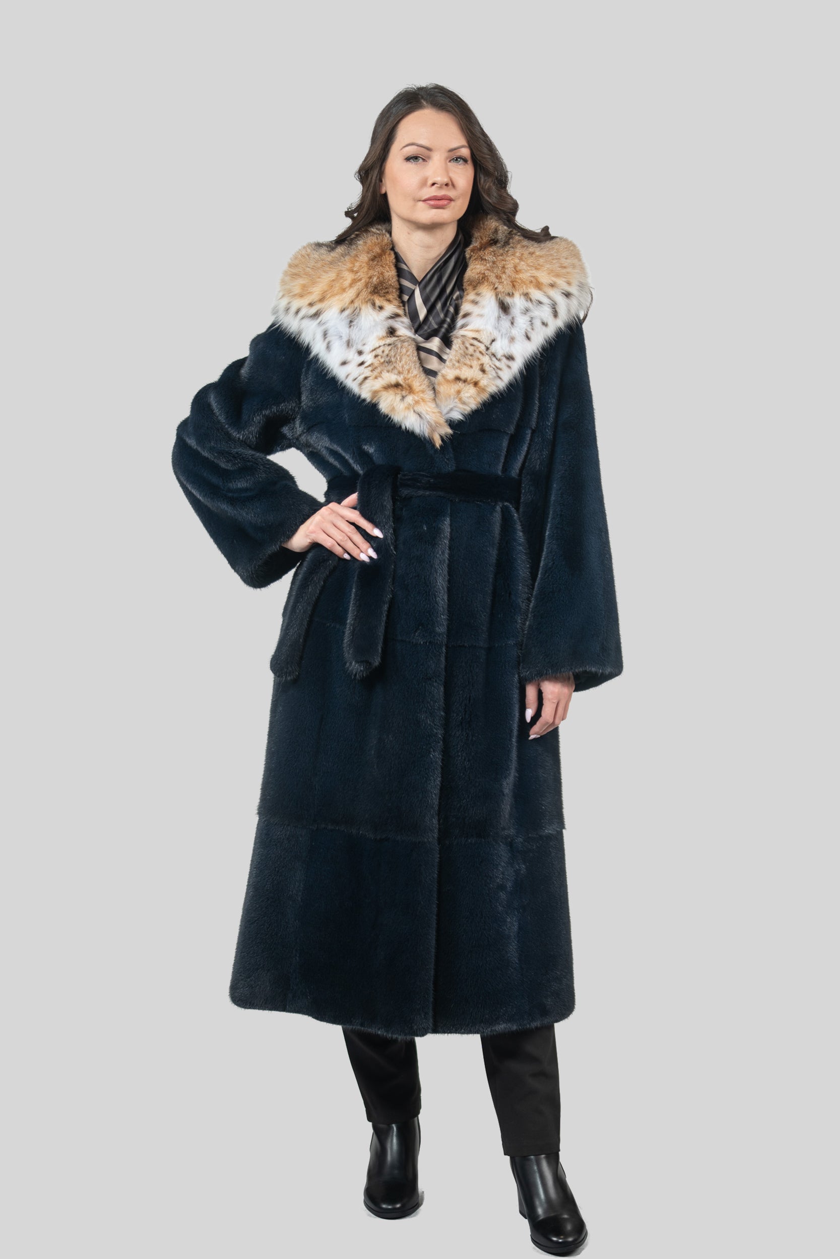 Blue Black Mink Coat with Bobcat Hood S/S13C978
