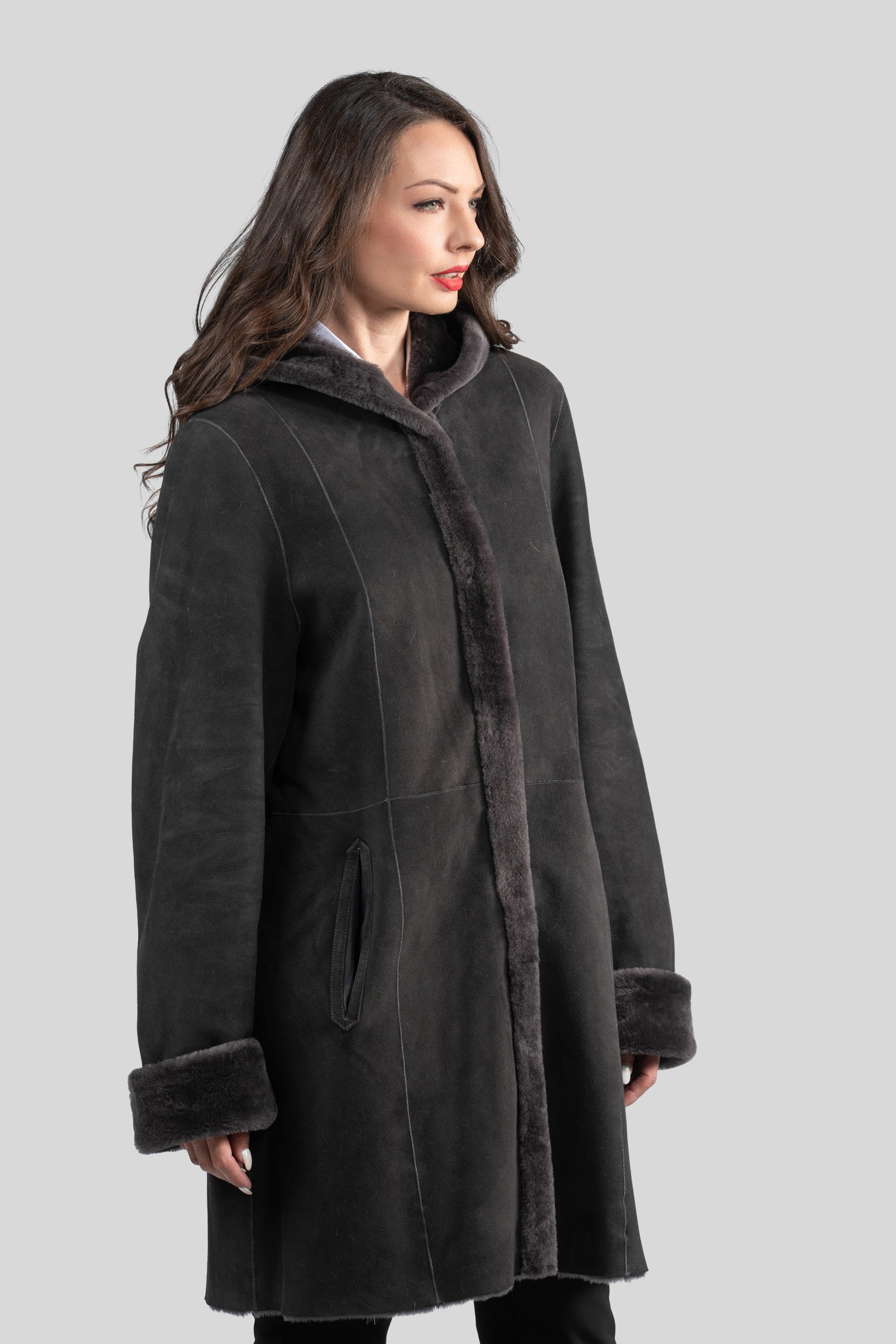 Hooded Gray Half Coat in Spanish Merino 207H