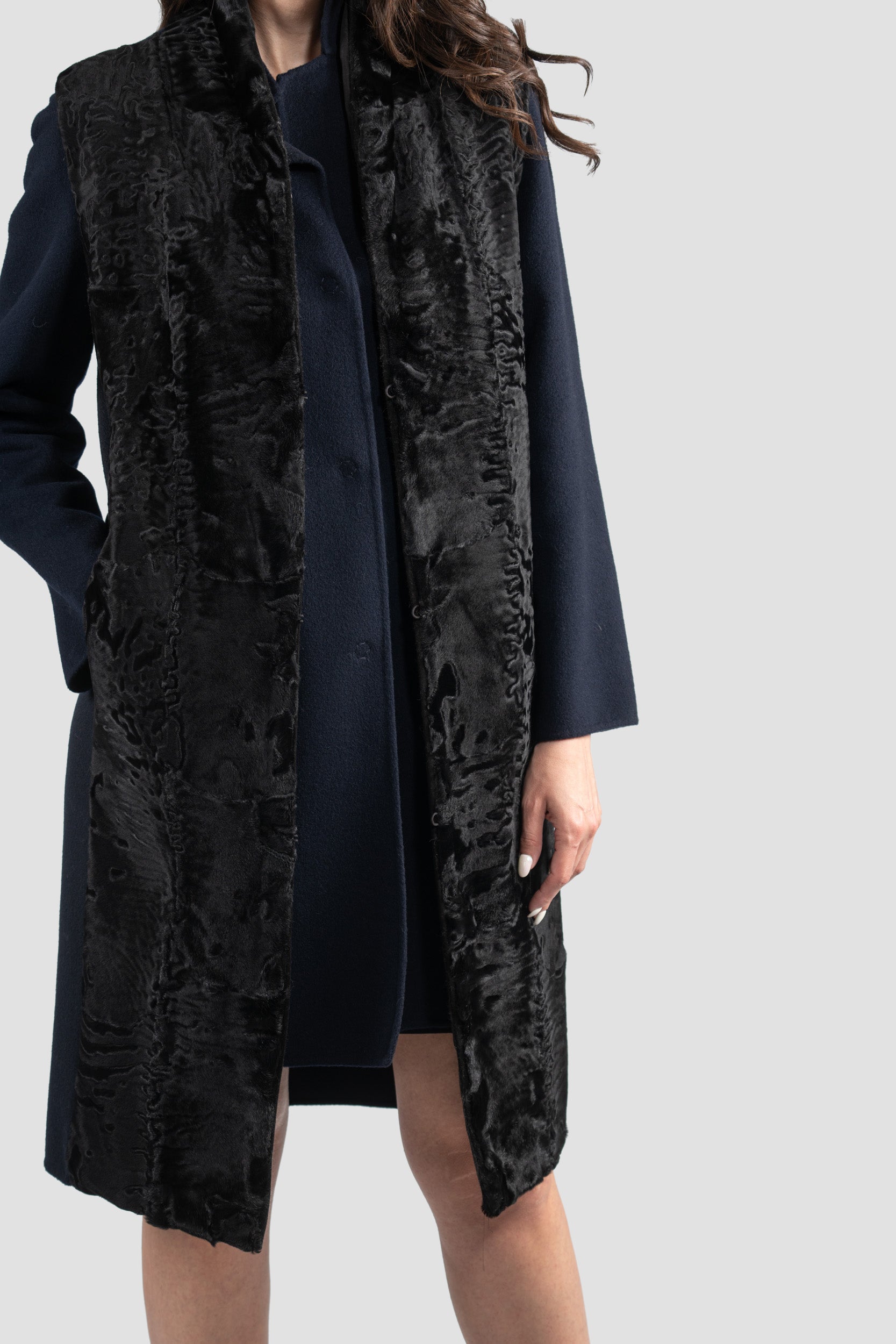 Blue Black Cashmere Half Coat & Vest with Swakara Trim 17C8003