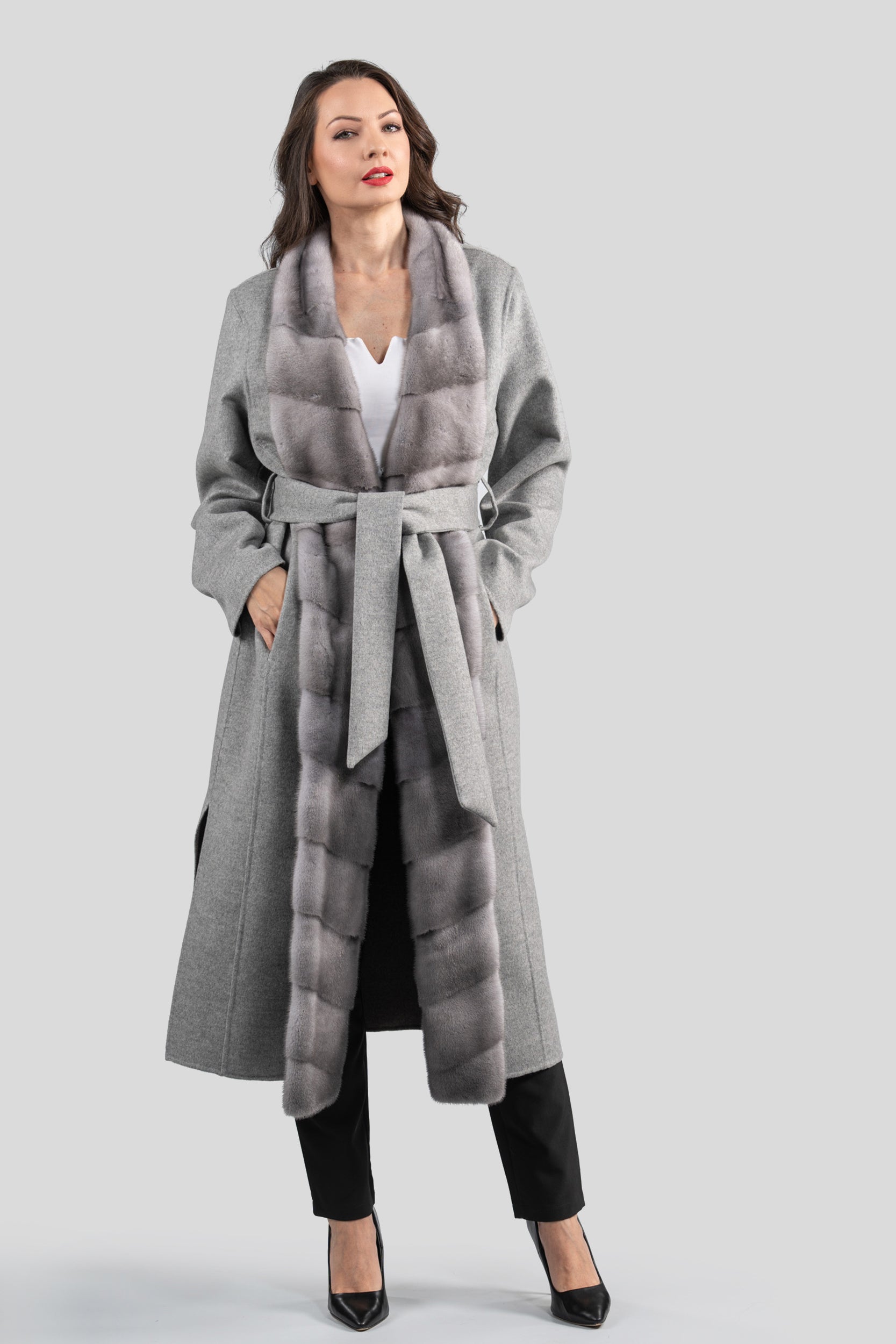 Gray Cashmere Coat with Mink Trim 21C3321