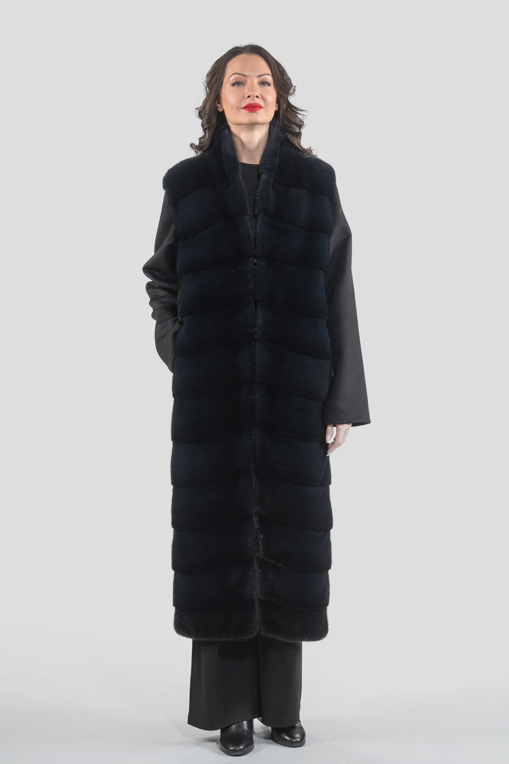 Black Cashmere Coat with Mink Trim 17c8003