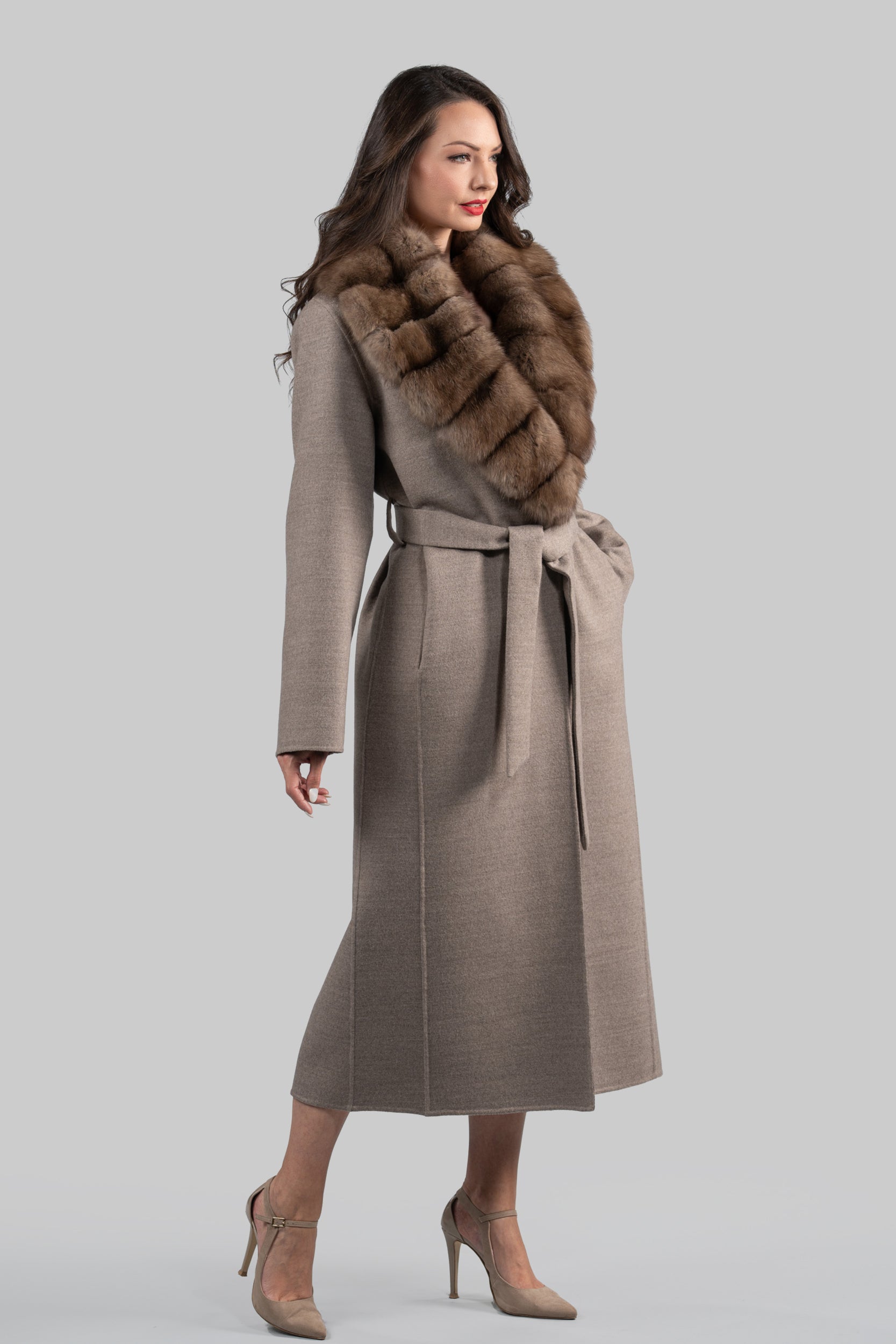 Brown Gray Cashmere Coat with Russian Sable Shawl Collar 20C8070