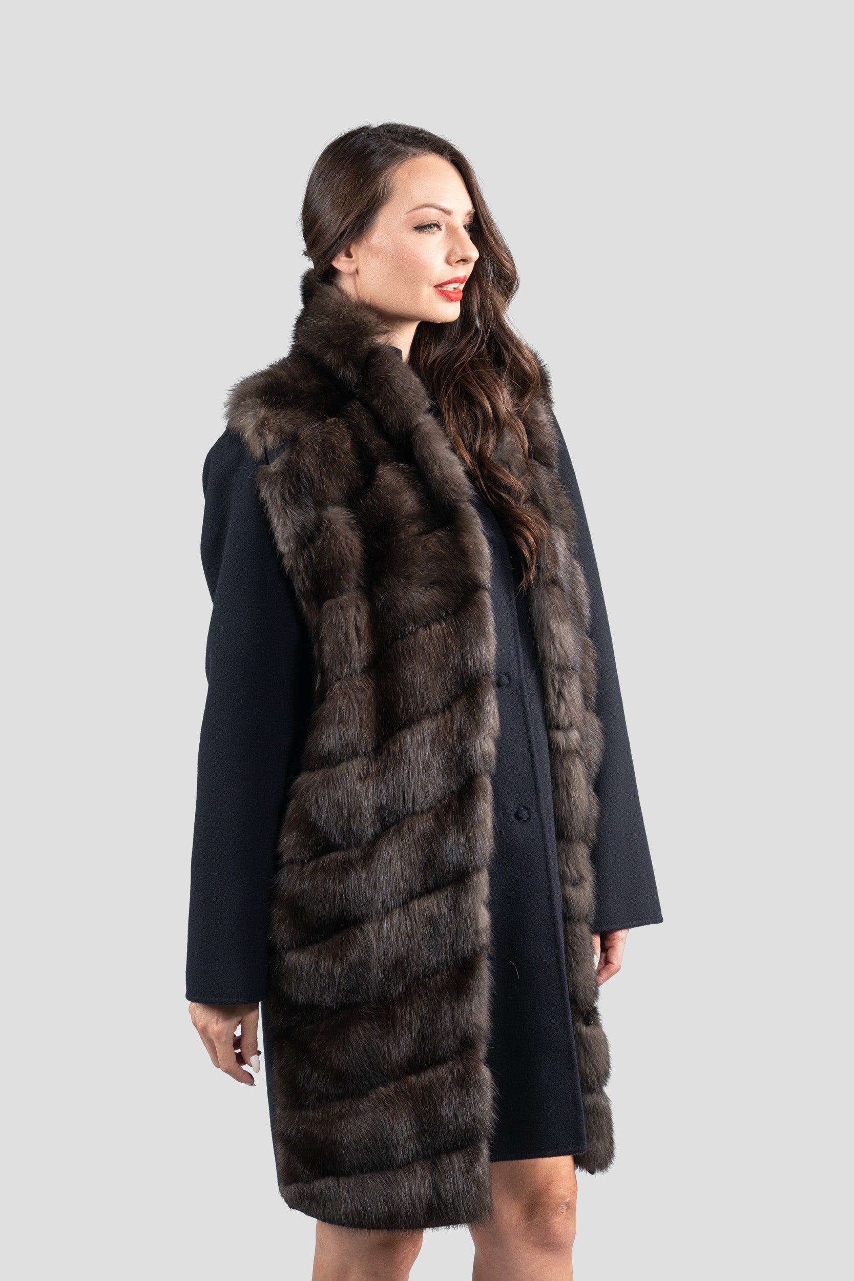 Blue Black Cashmere Half Coat & Vest with Russian Sable Trim 17C8003