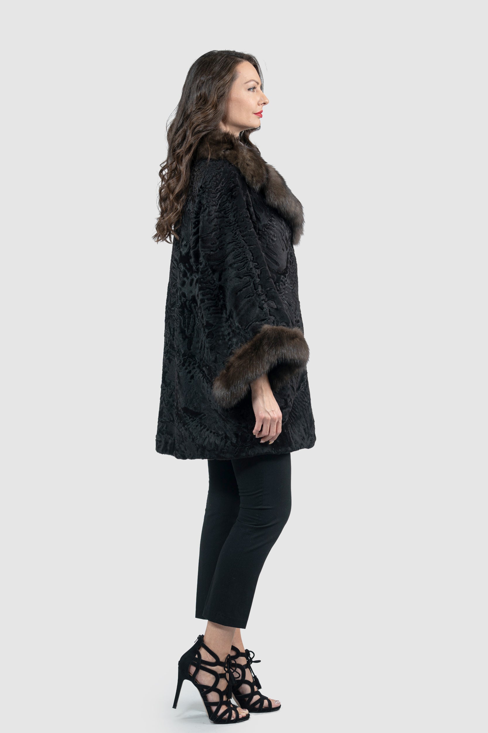 Black Swakara Cape with Russian Sable Notch Collar A/K13C848gs20v30