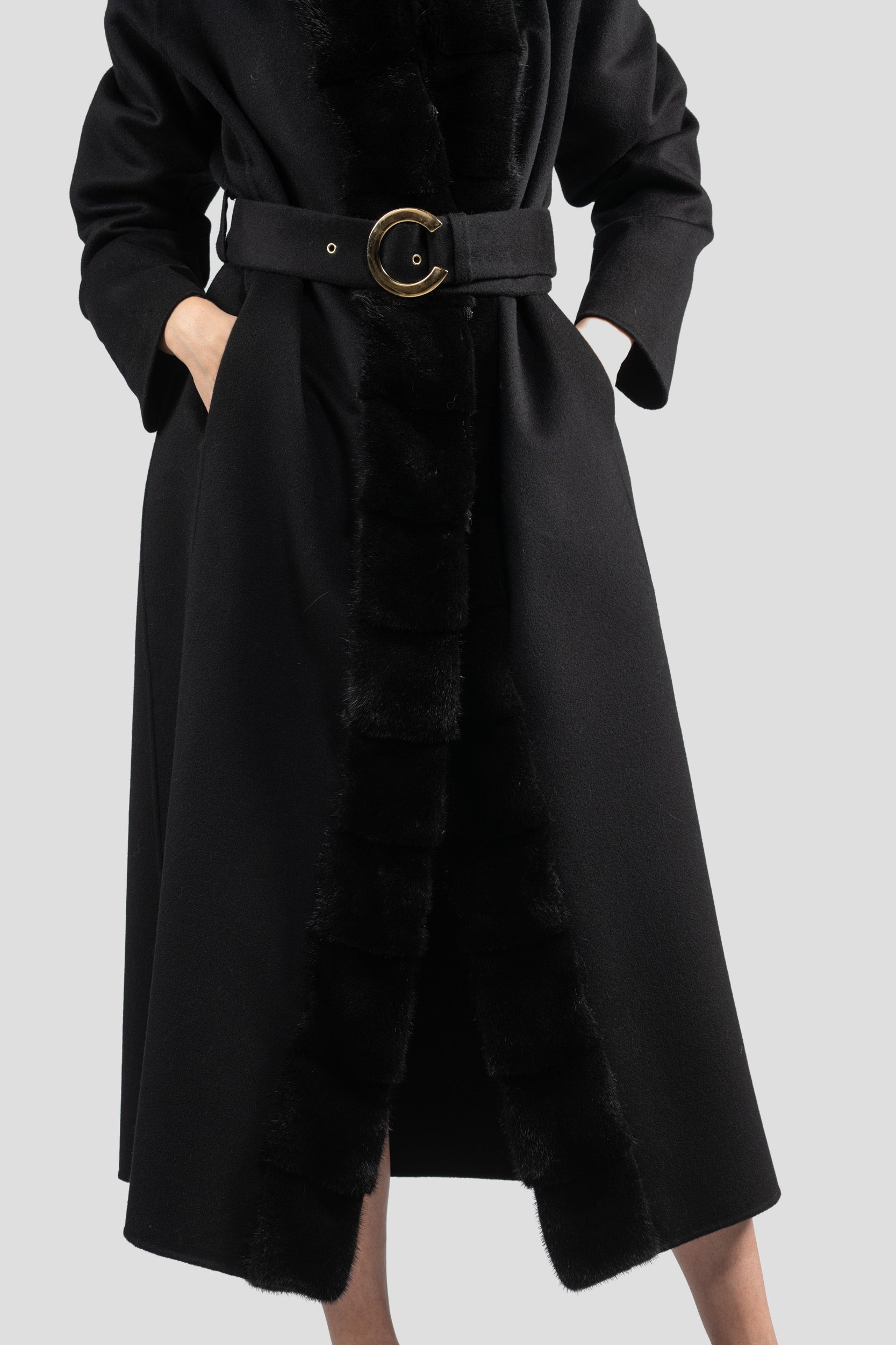Black Cashmere Coat with Mink Trim 21C6080