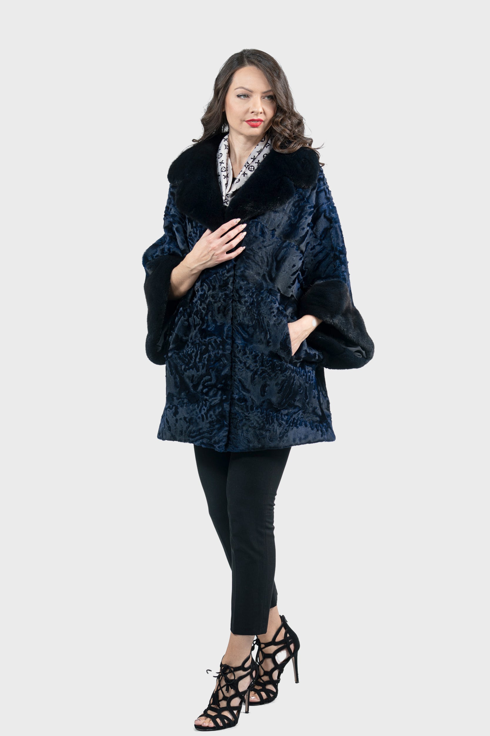 Blue Black Swakara Cape with Mink Notch Collar S/S929