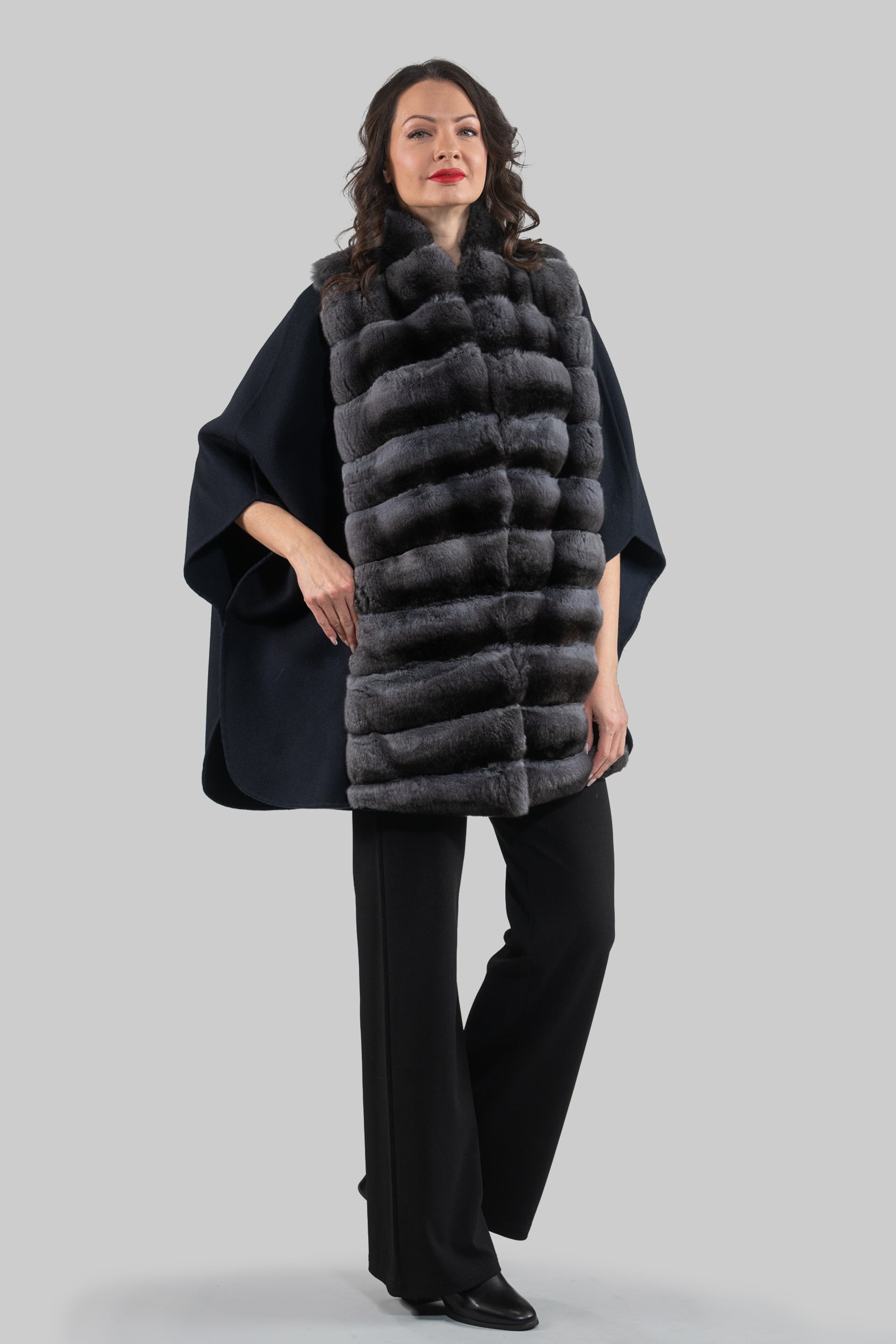 Blue Black Cashmere Cape with Oracle Chinchilla Trim 18M950