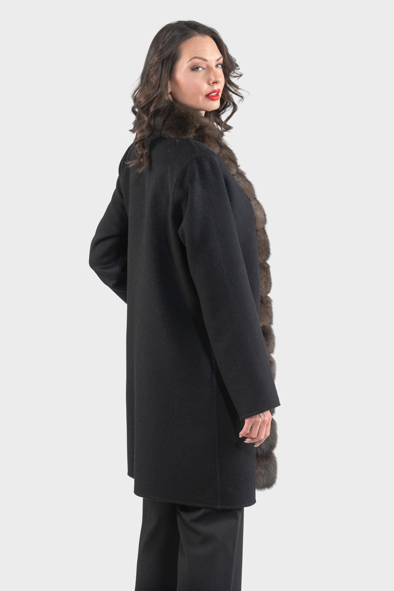 Black Cashmere Half Coat with Russian Sable Trim 21C6080