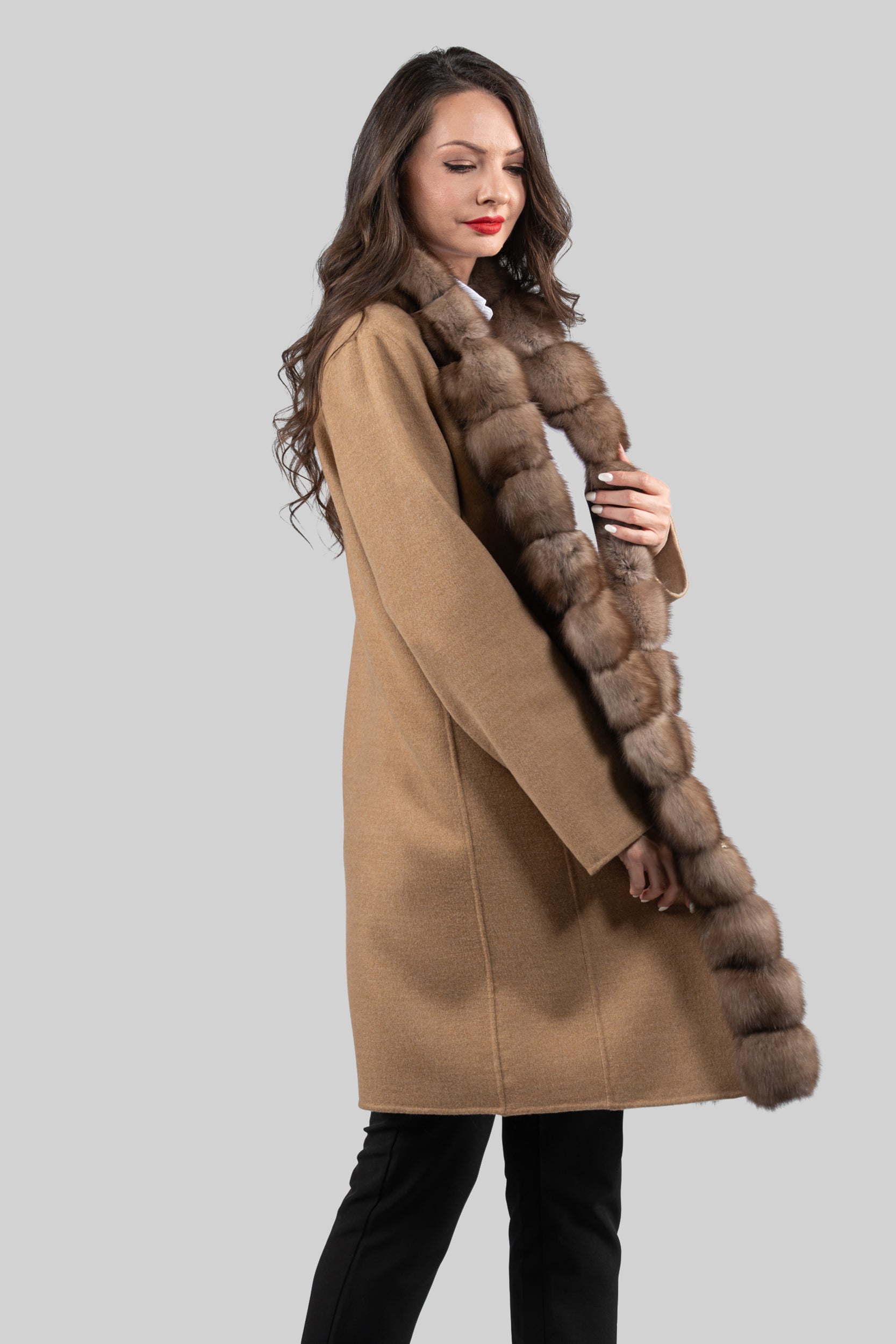 Beige Ecru Cashmere Coat with Russian Sable Trim 21C6080