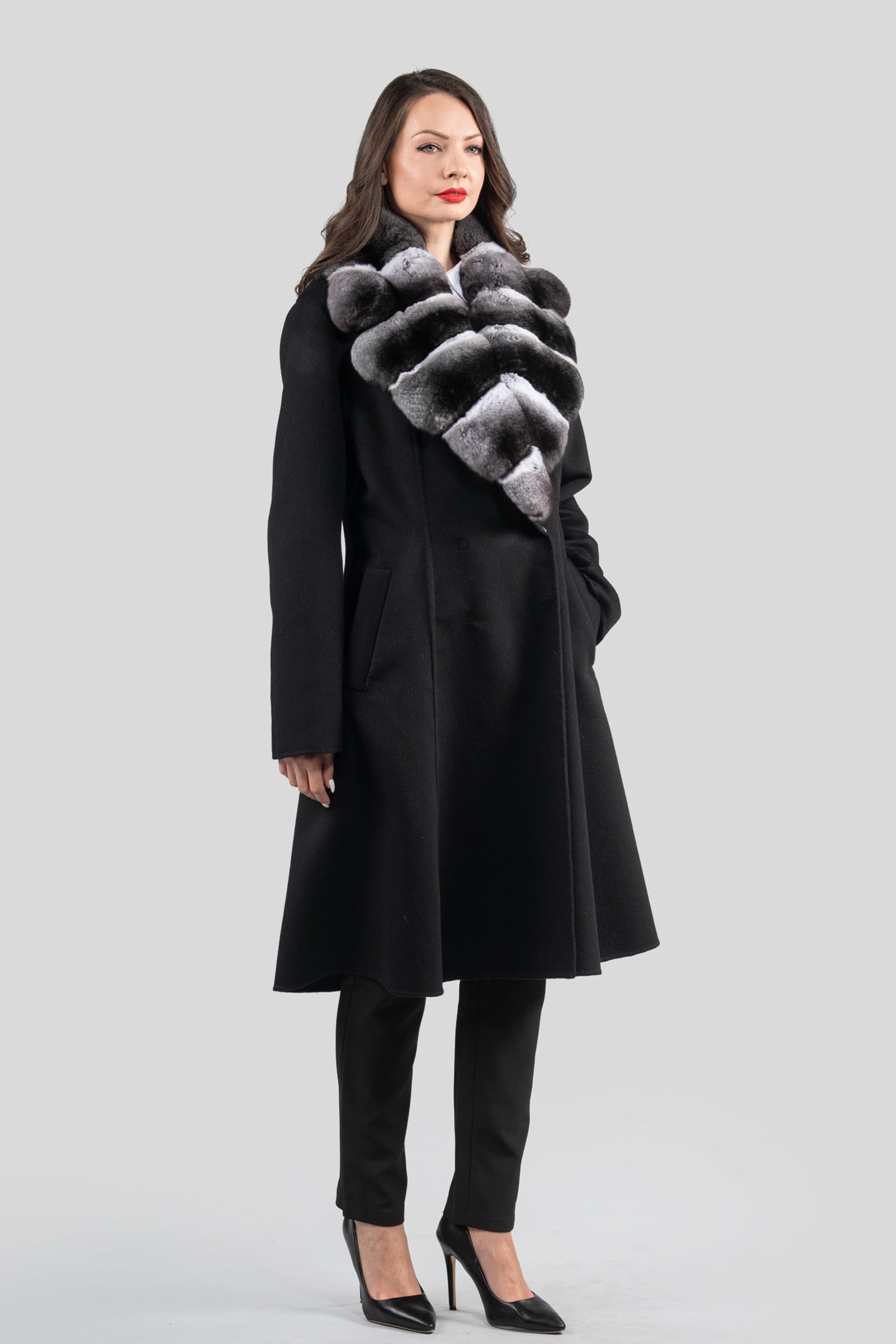Black Cashmere Coat with Chinchilla Notch Collar 19C8250
