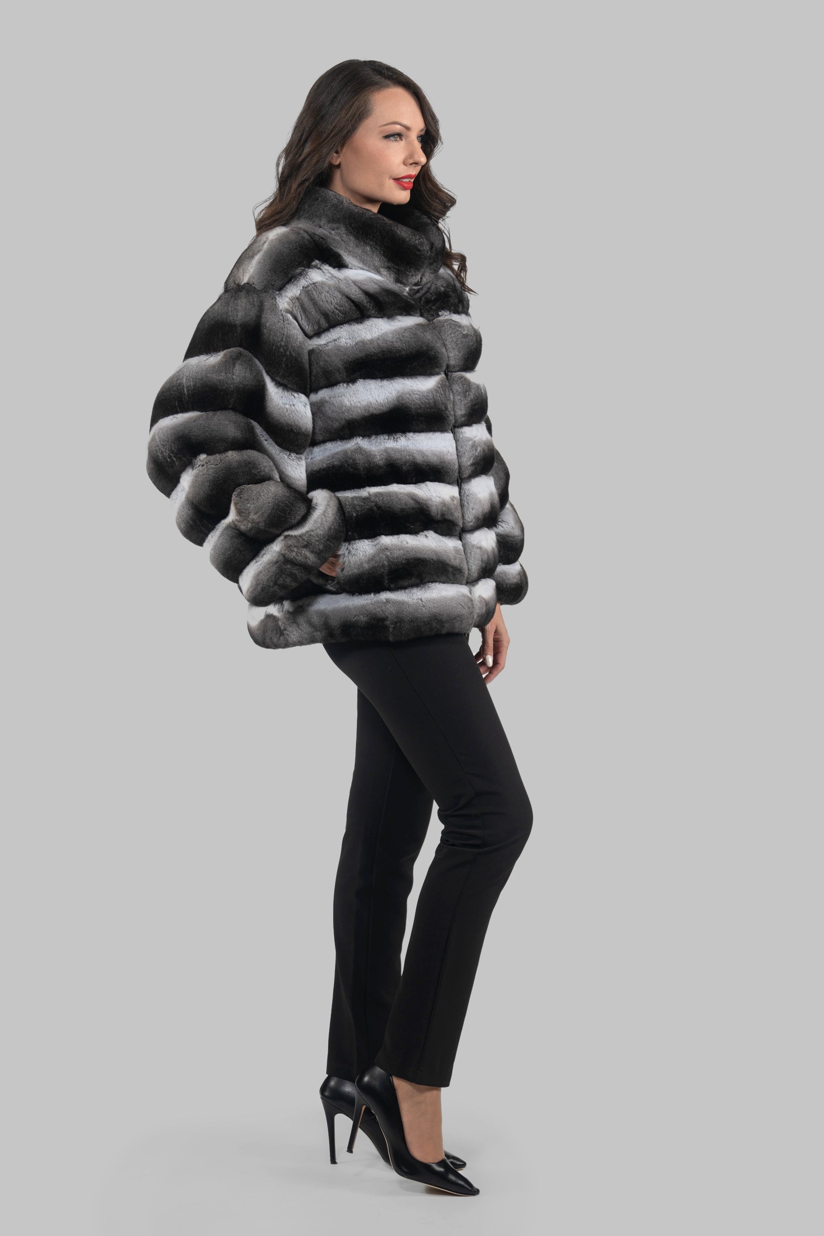 Chinchilla Jacket with Stand Collar and Zipper P/K13C137