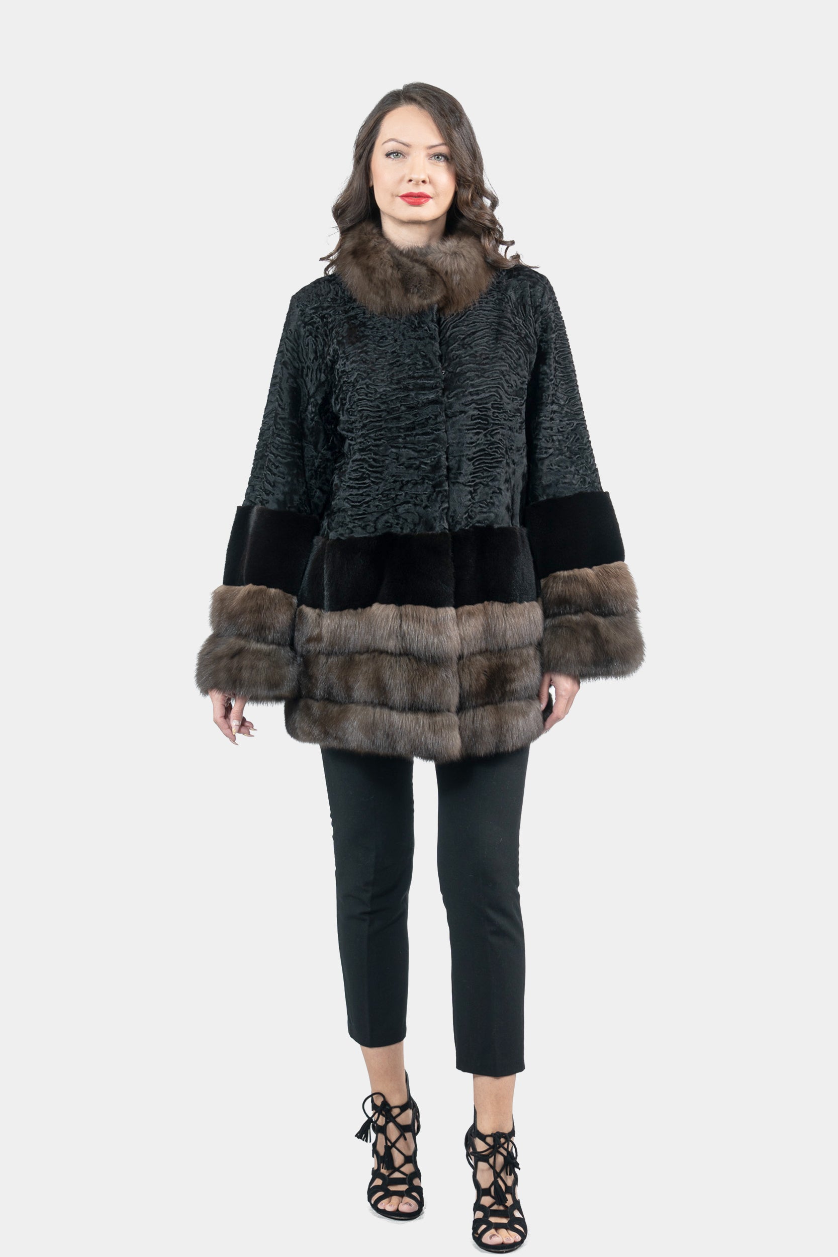 Black Swakara Half Coat with Mink and Russian Sable Trim S/SR/K16C777