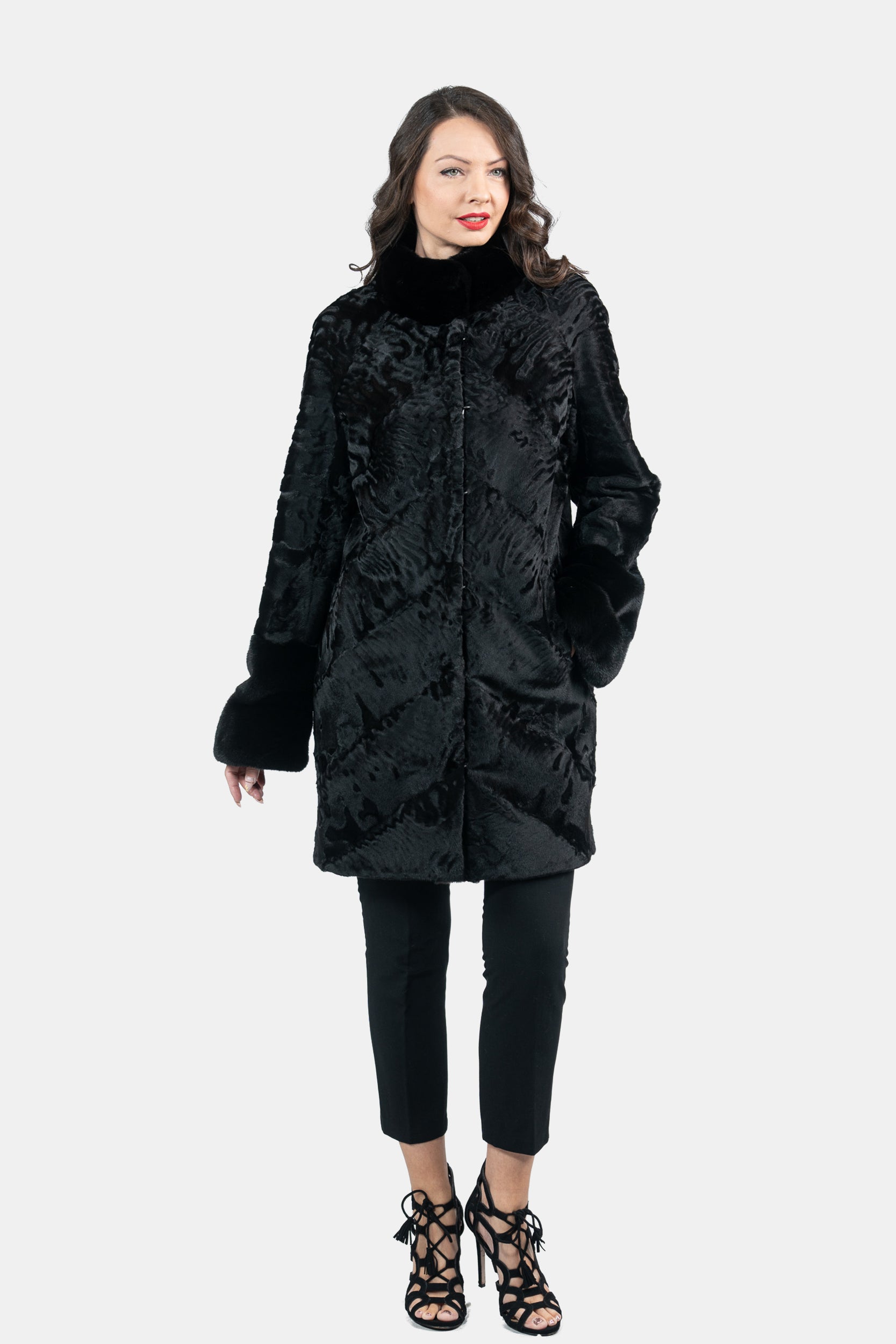 Black Swakara Half Coat With Mink Trim A/K13C530