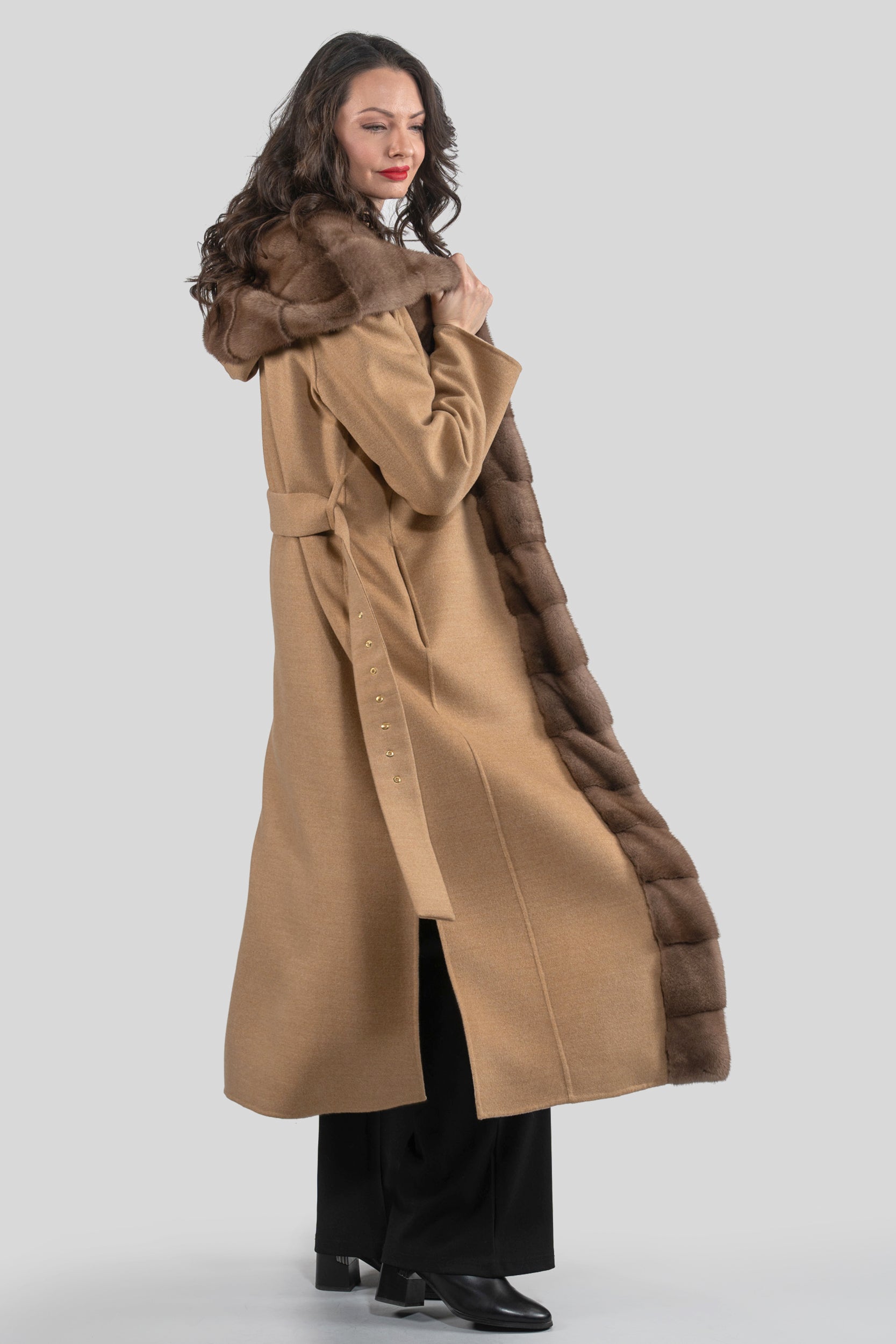 Beige Ecru Cashmere Hooded Coat with Mink Trim 21C6080H540
