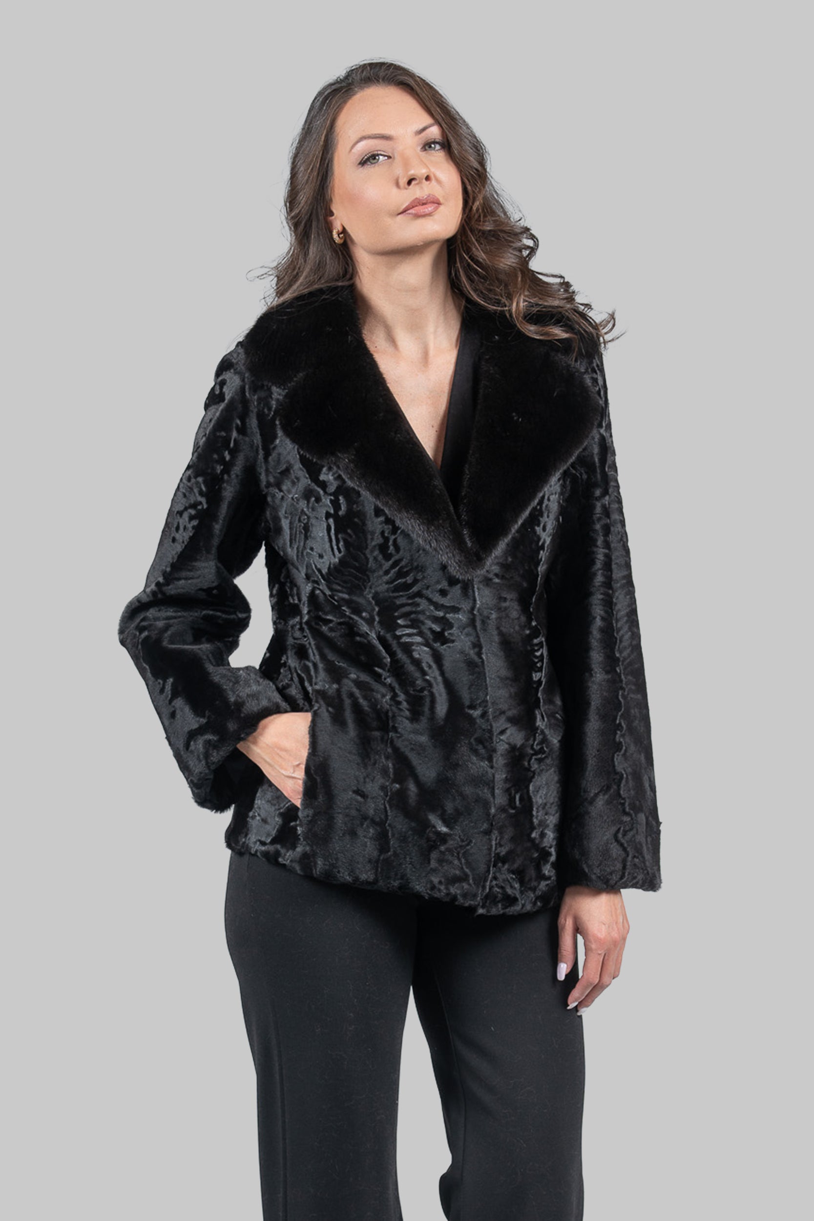 Black Swakara Jacket with Mink-Trimmed Notch Collar S/S13C528s20