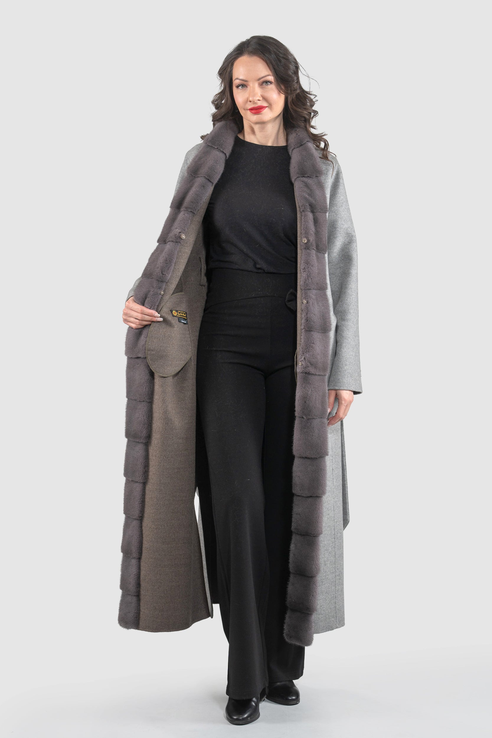 Grey Brown Cashmere Coat with Mink Trim 21C6080