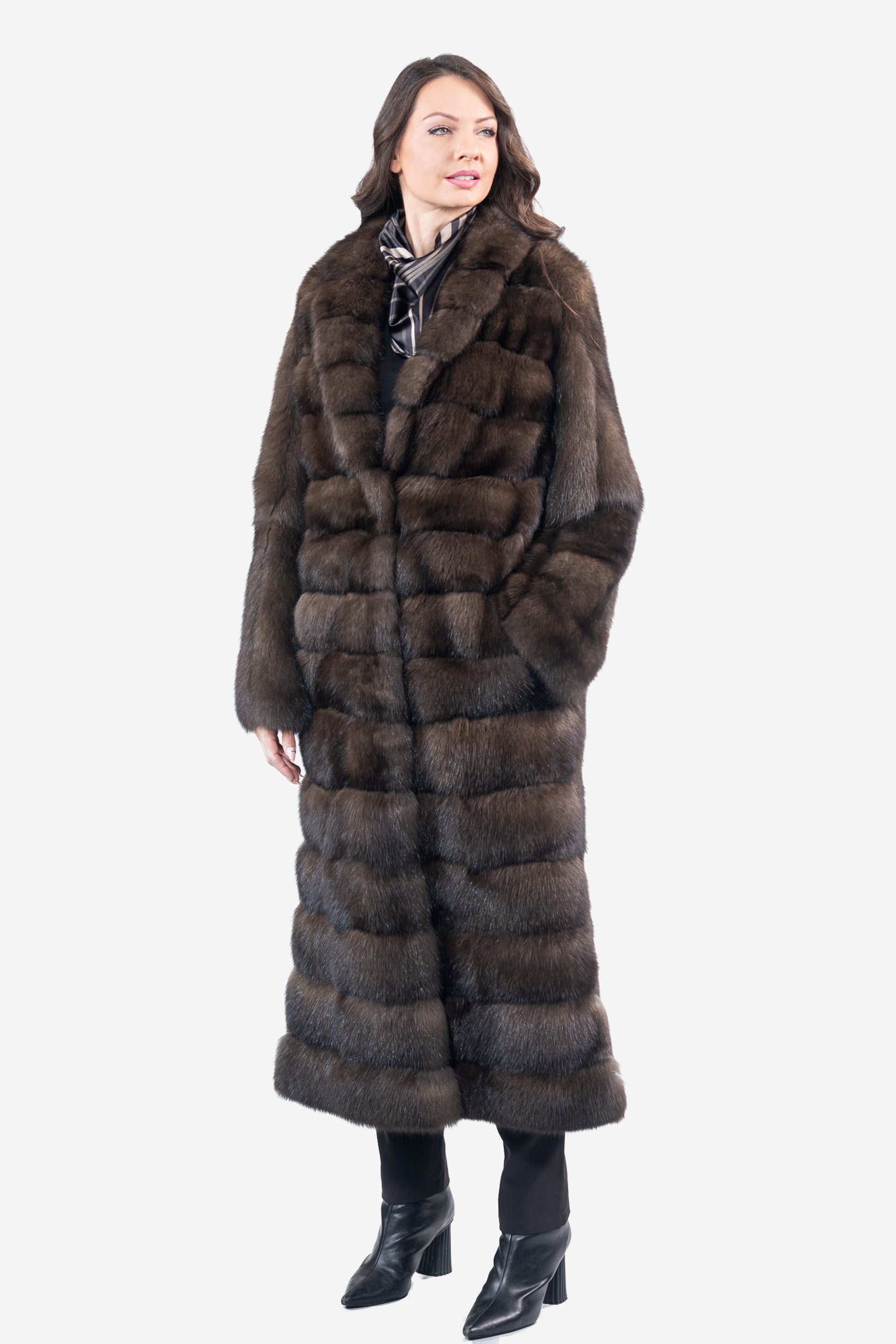 Dark Russian Sable Coat with Shawl Collar and Let Out Back P/K13C530G8003