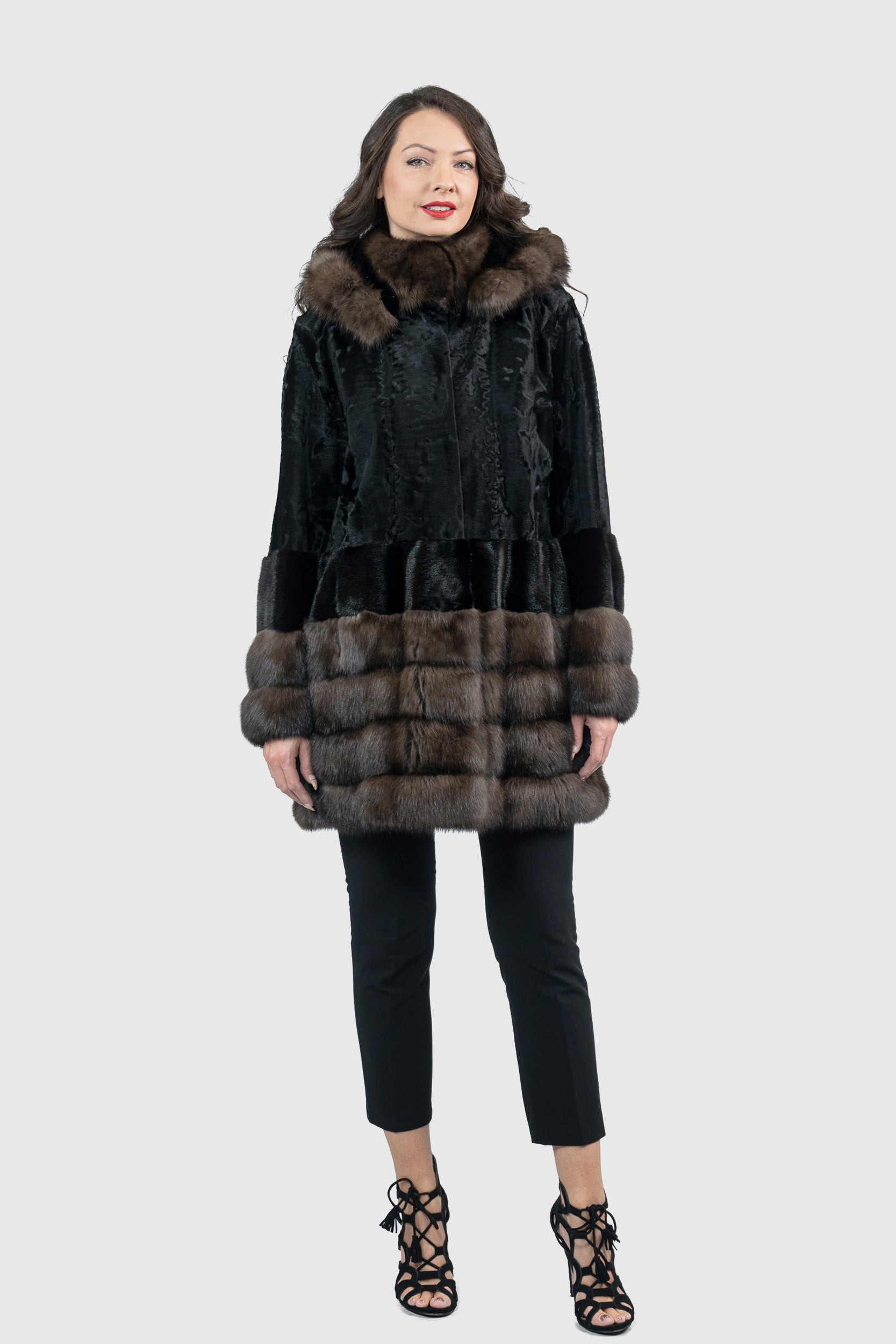 Black Swakara Hooded Half Coat with Mink and Russian Sable Trim S/SR/K4535