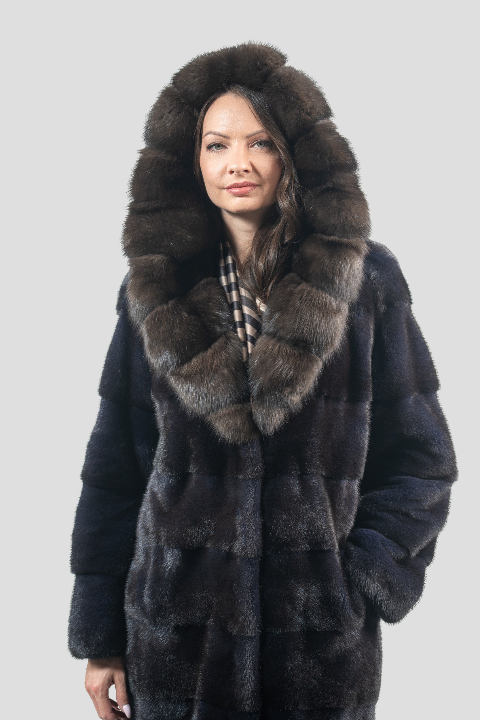 Purple Mink Half Coat with Russian Sable Hood P/K13C540