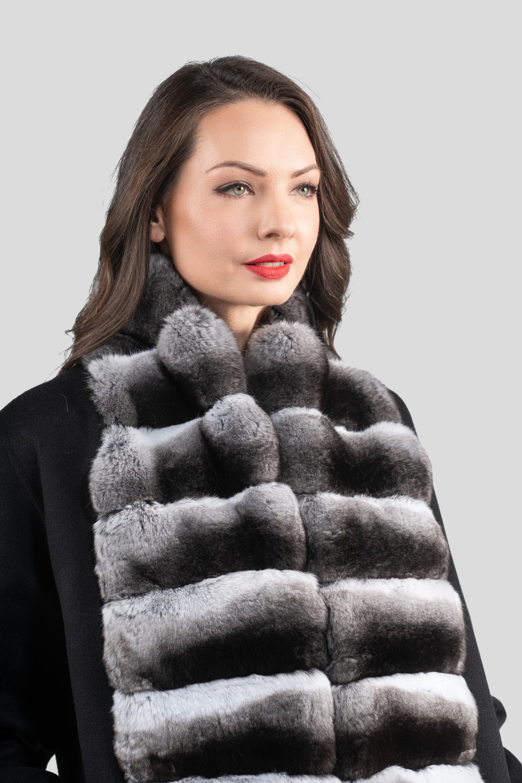 Black Cashmere Coat with Chinchilla Trim 21C8050