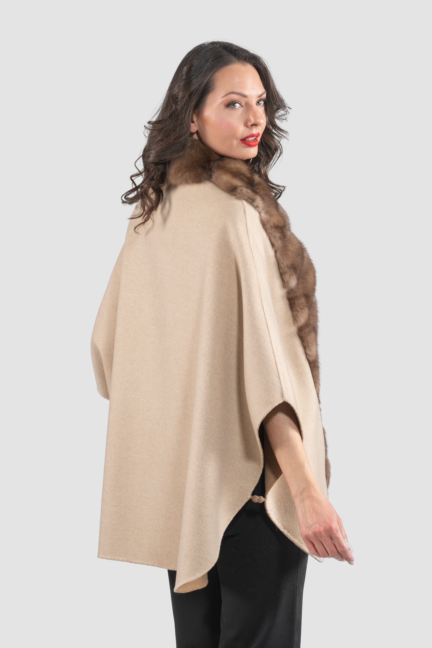 Ecru Beige Cashmere Cape with Russian Sable Trim 18M95088