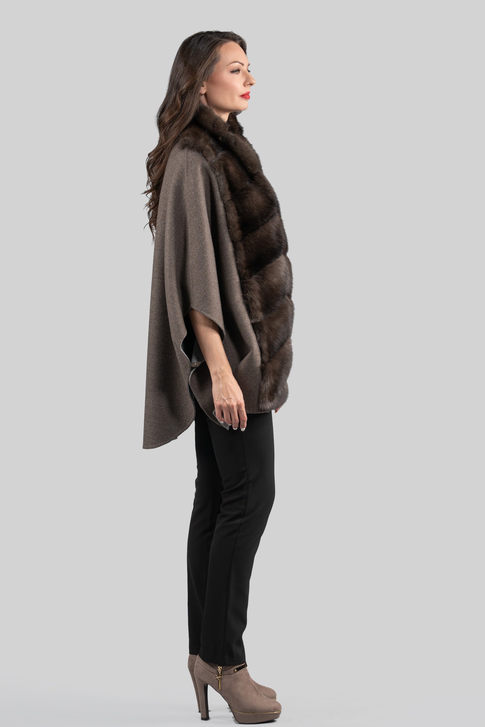 Brown Gray Cashmere Cape with Russian Sable Trim 18M950