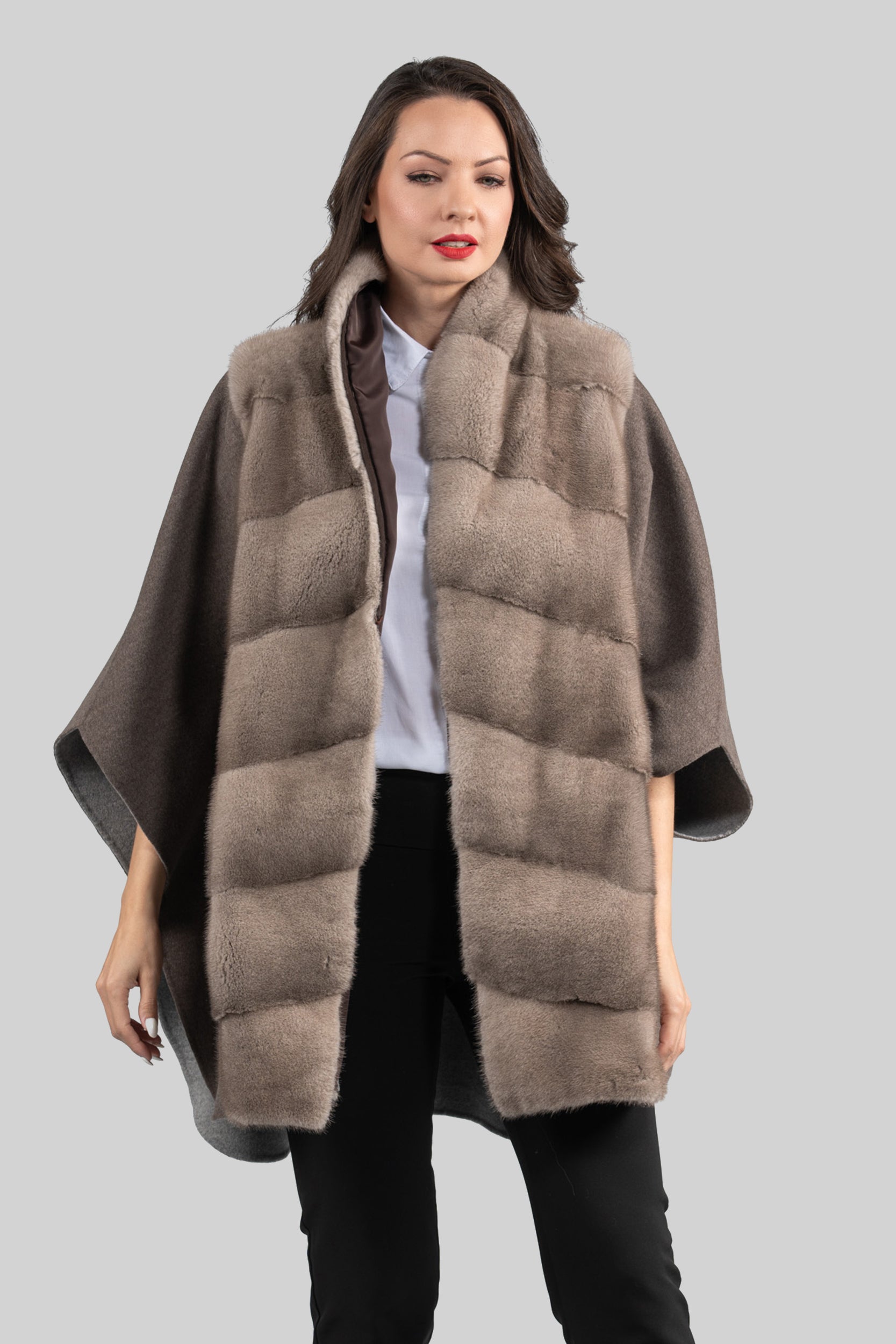 Brown Grey Cashmere Cape with Mink Trim 18M950
