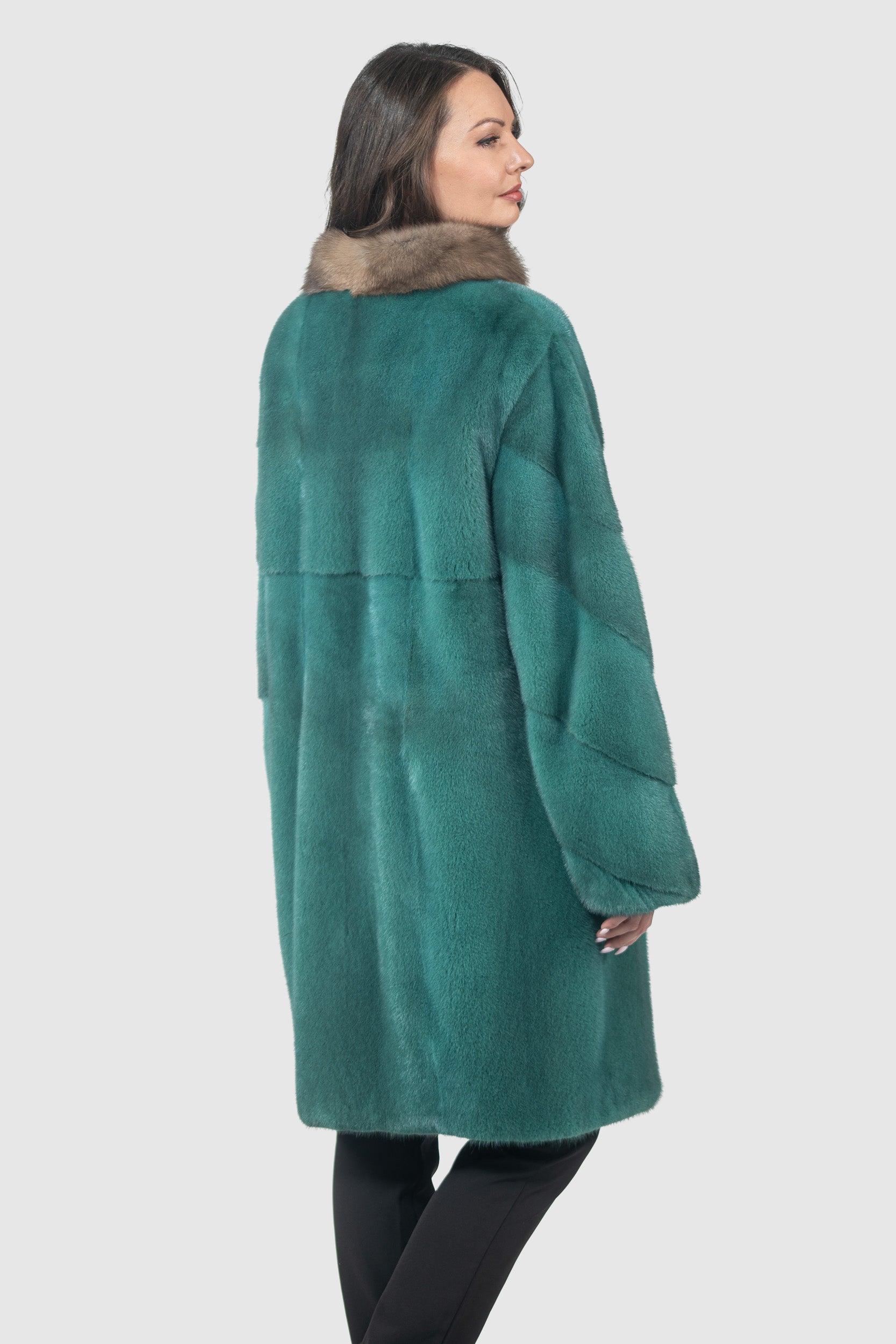 Green Mink Half Coat with Russian Sable-Trimmed Stand Collar CLER