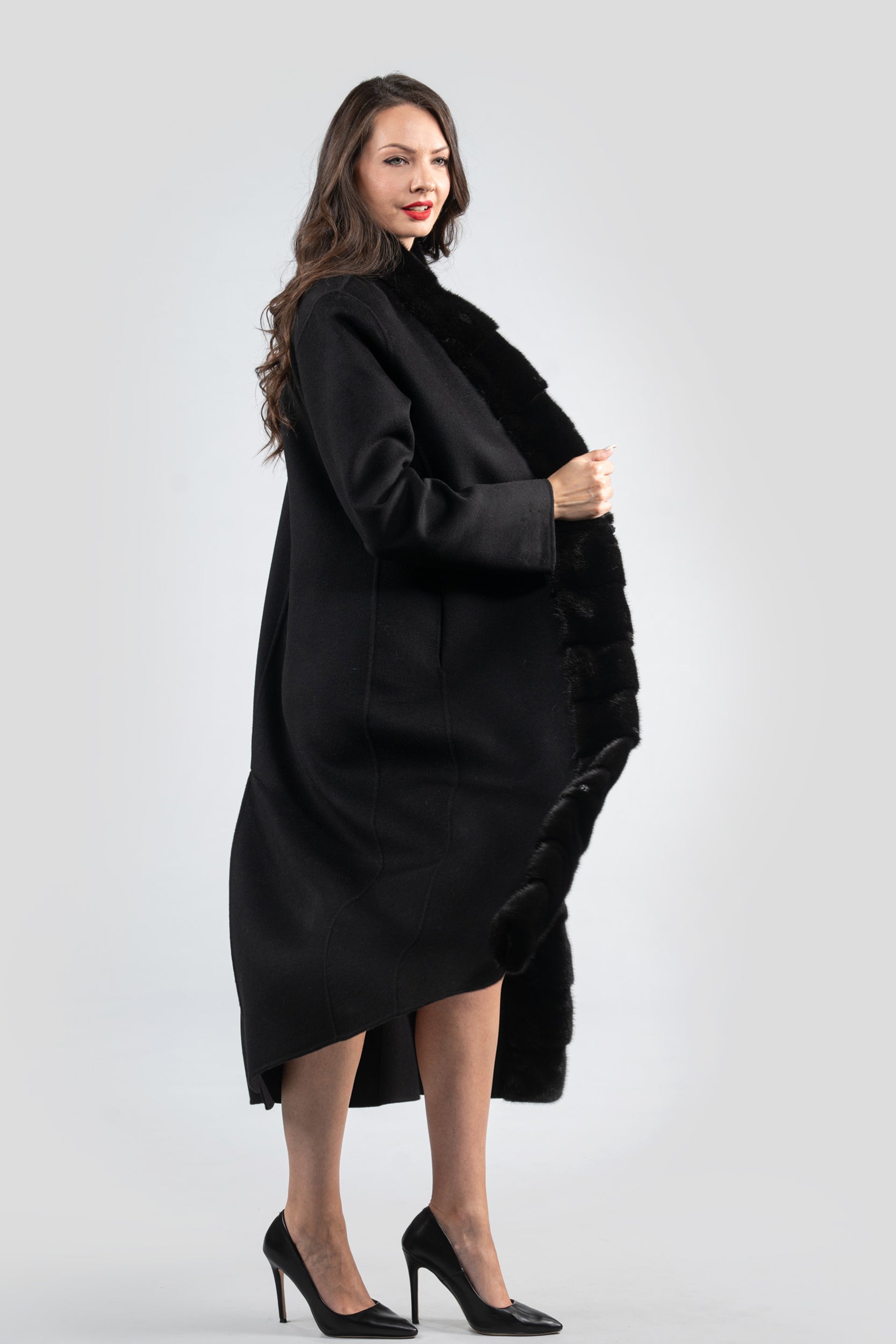 Black Cashmere Coat with Mink Trim 21C6080