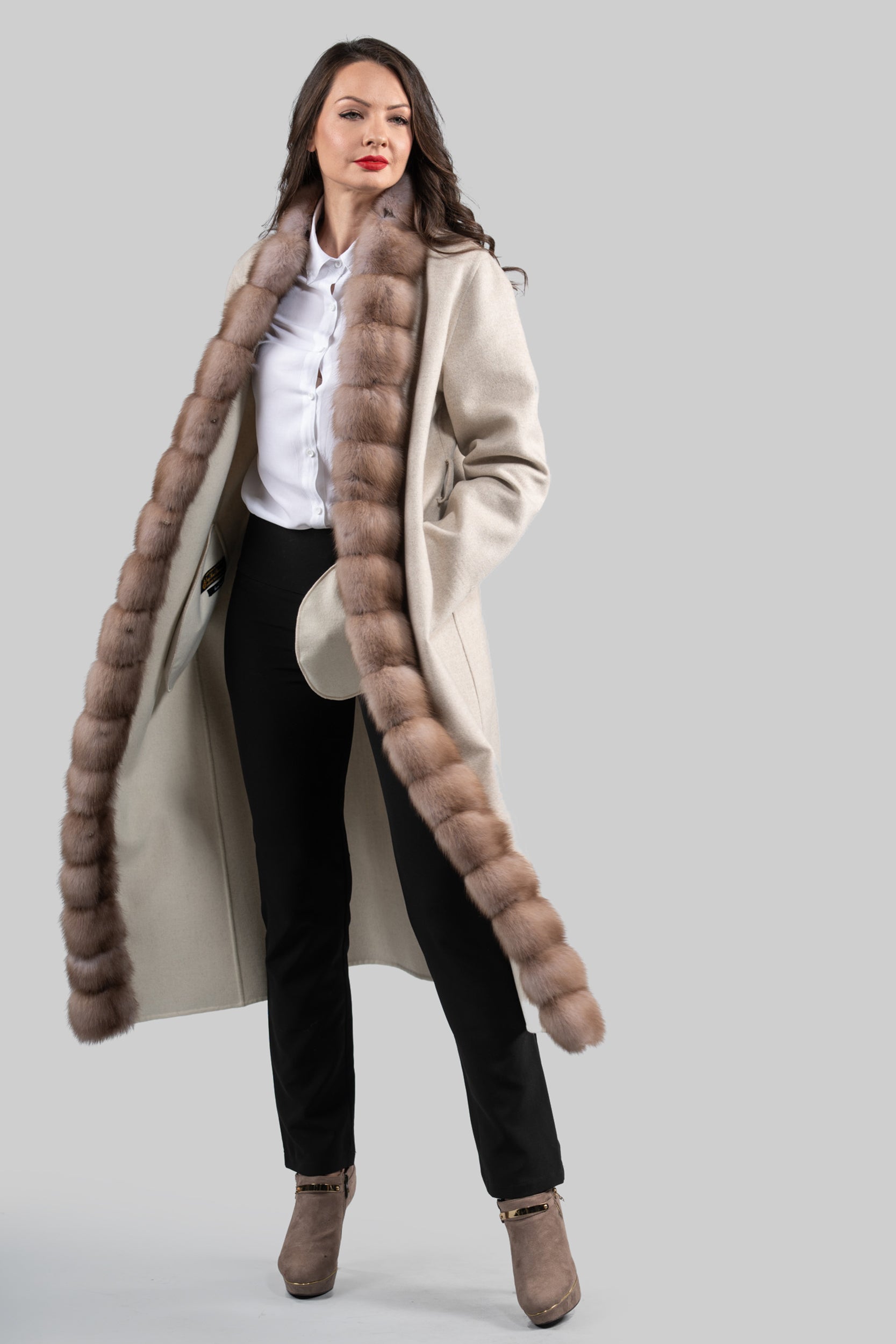 White Ecru Cashmere Coat with Russian Sable Trim 21C6080