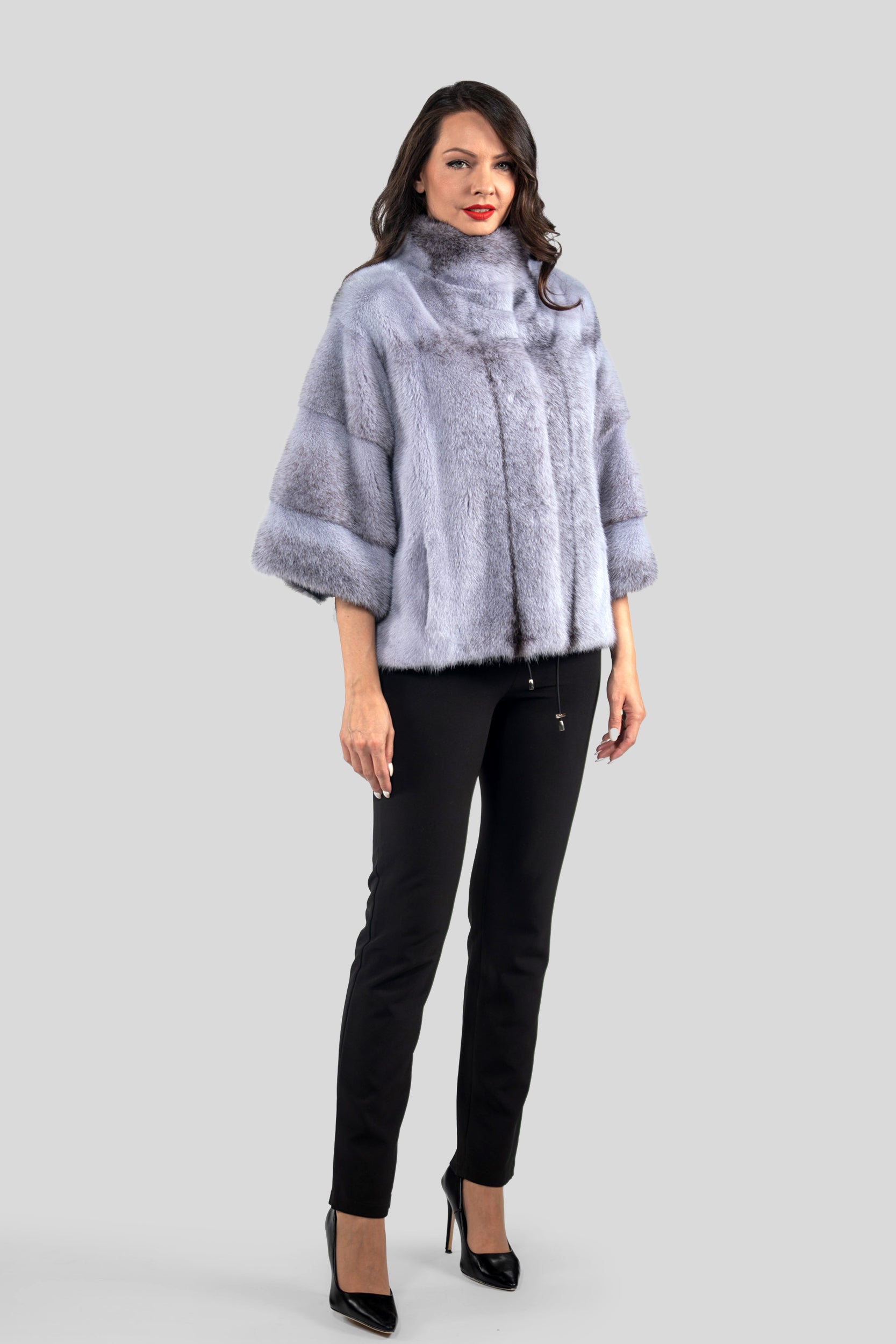 Grey Moon Cross Mink Jacket with Stand Collar and Short Sleeves L/O13C138