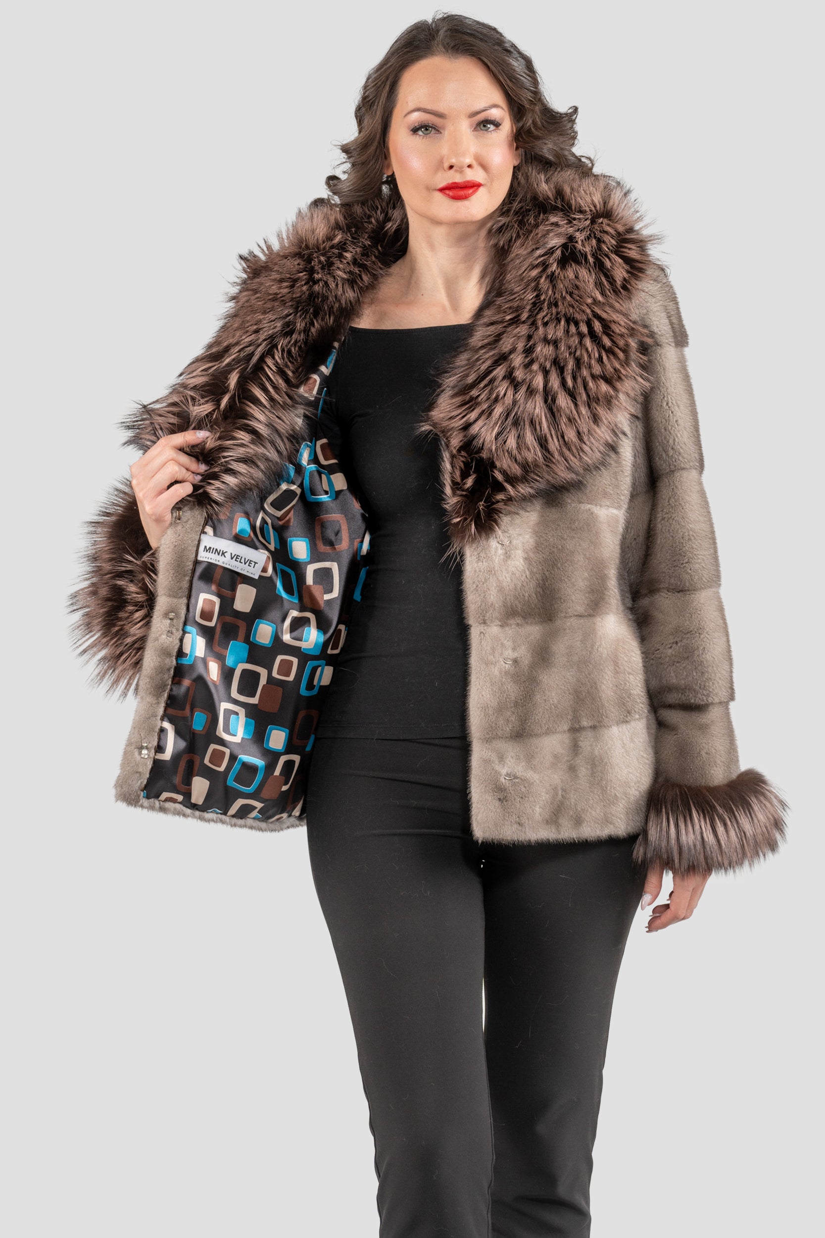 Silver Blue Mink Fur Jacket with Fox Shawl Collar and Cuffs P/K13C528C17