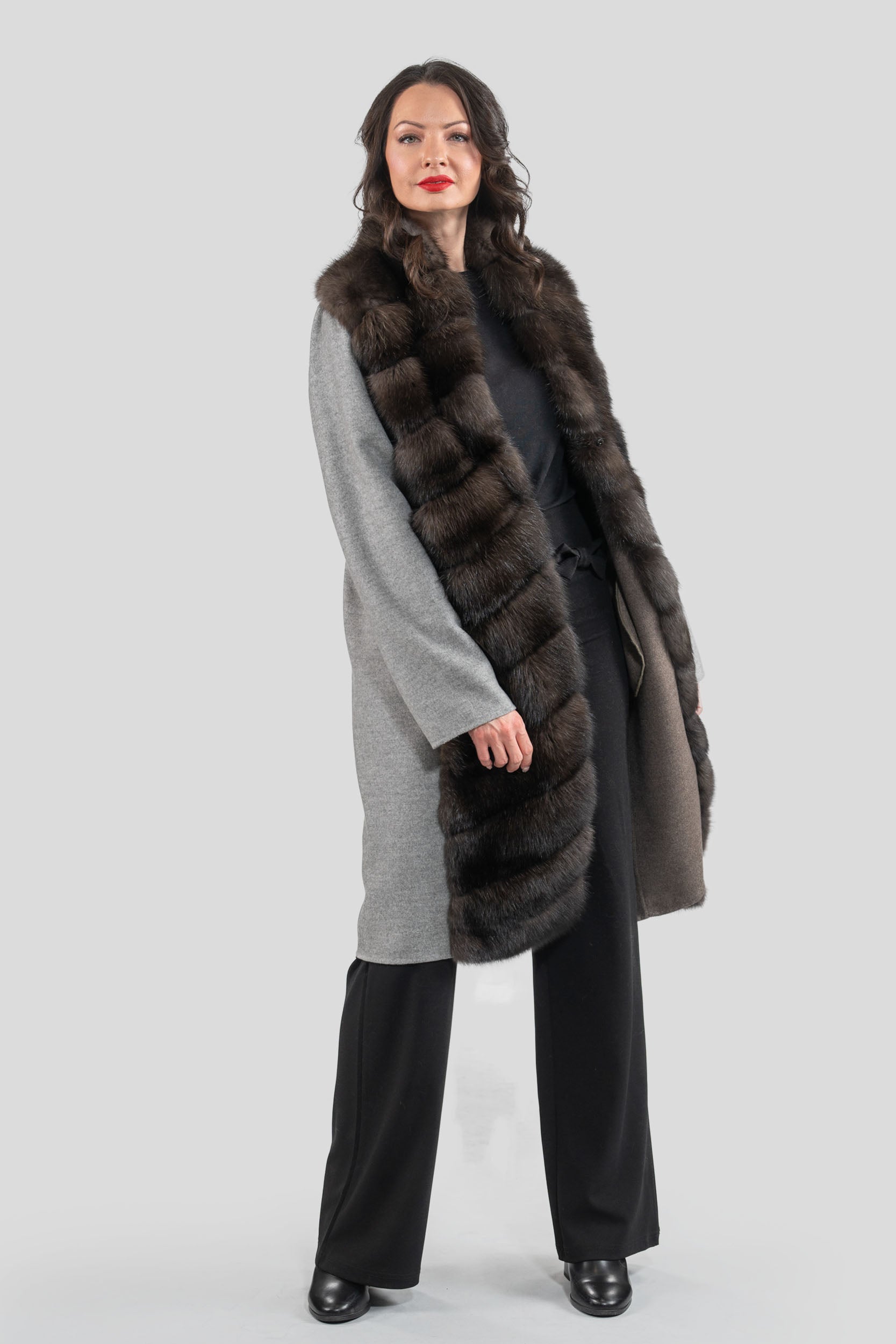 Grey Cashmere Half Coat with Russian Sable Trim 17C8003G530