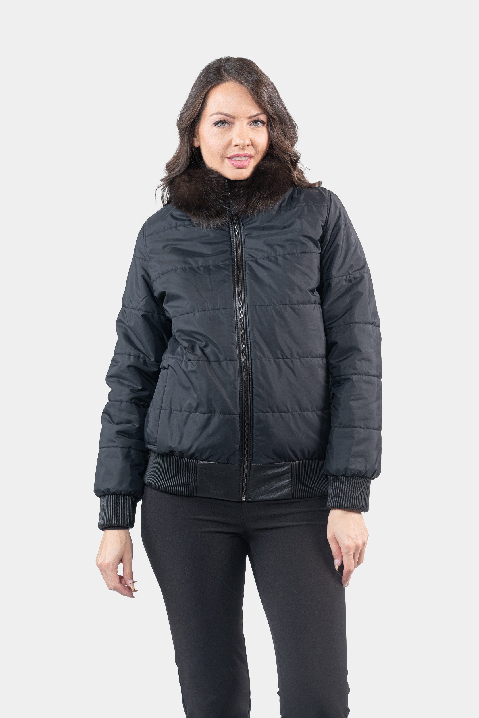 Reversible Dark Russian Sable Bomber Jacket with Stand Collar P/K228