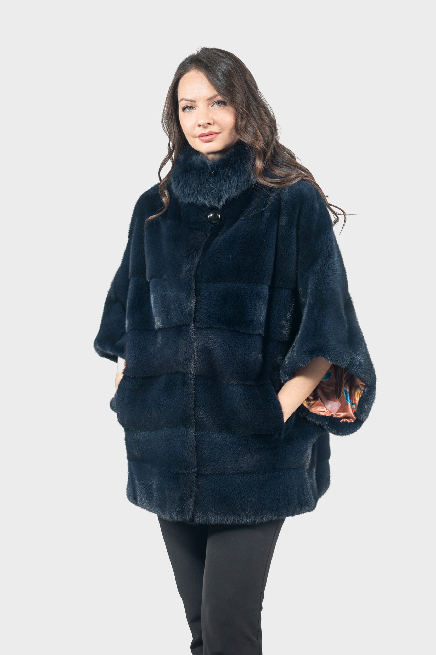 Blue Black Mink Cape with Russian Sable Stand Collar P/K13C959