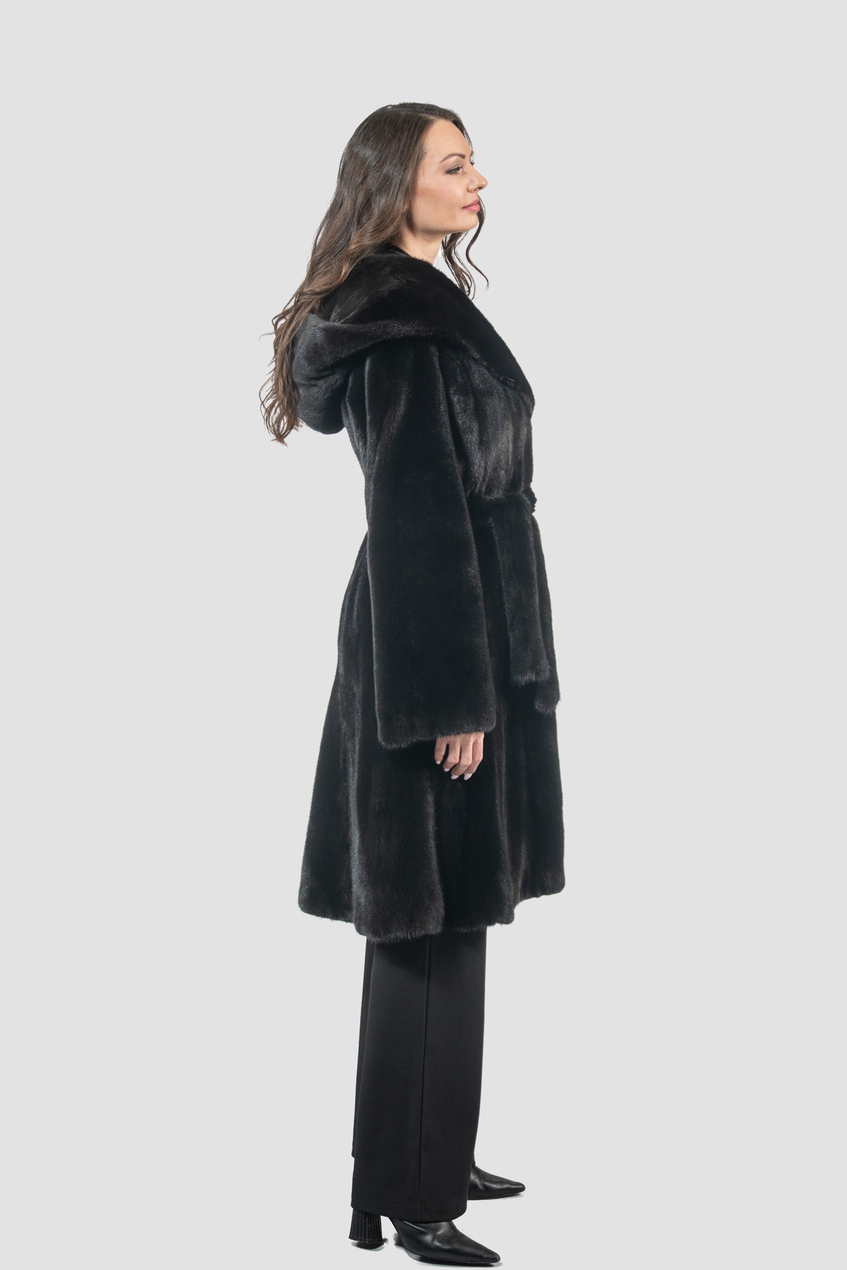 Blackgalama Mink Hooded Half Coat with Belt L/OGADEH