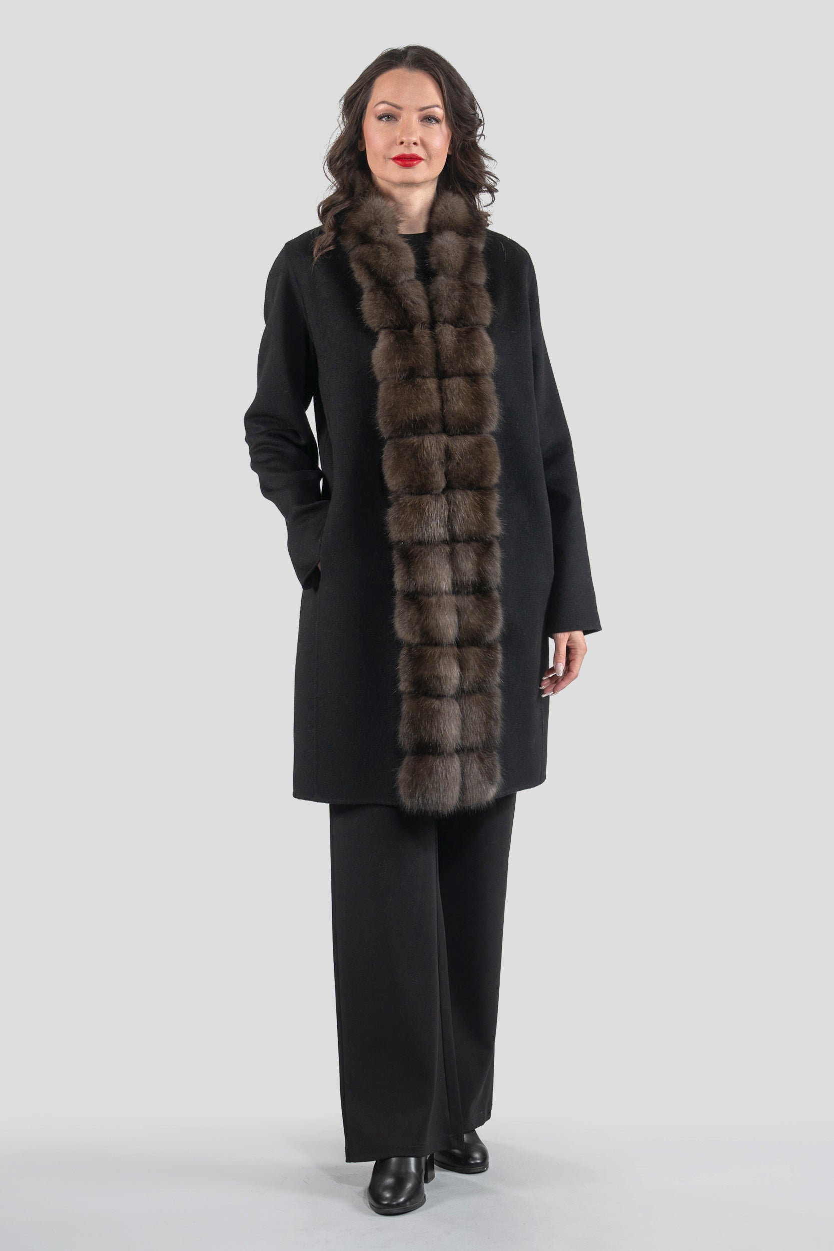 Black Cashmere Half Coat with Russian Sable Trim 21C6080