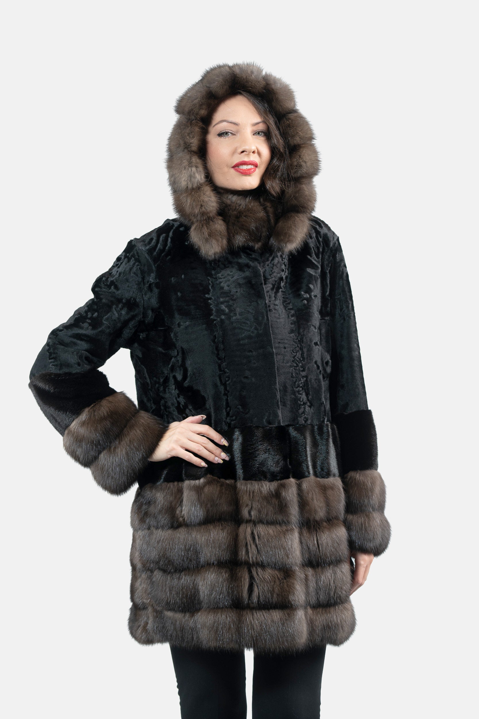 Black Swakara Hooded Half Coat with Mink and Russian Sable Trim S/SR/K4535