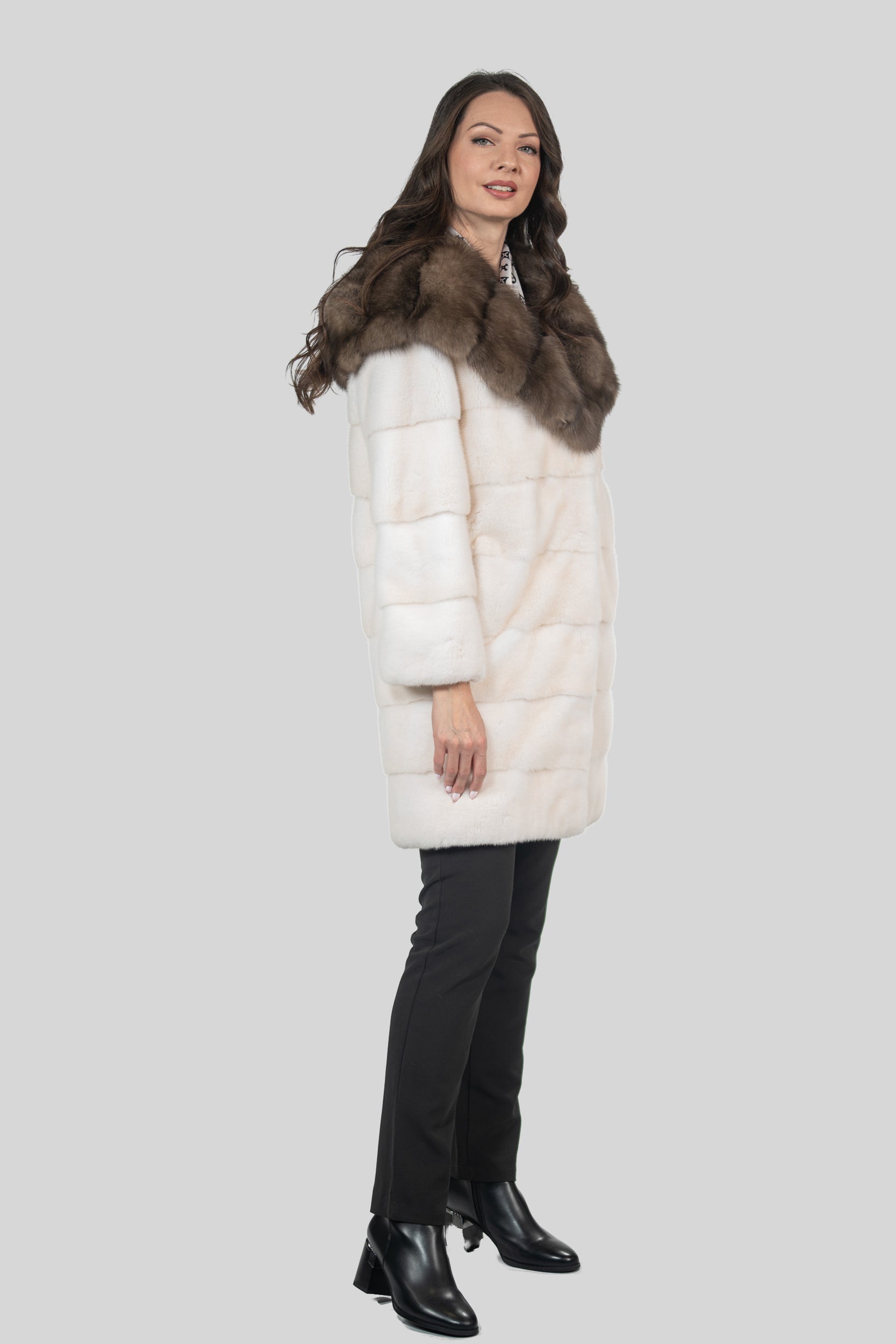 Pearl Mink Half Coat with Russian Sable Hood P/K13C540