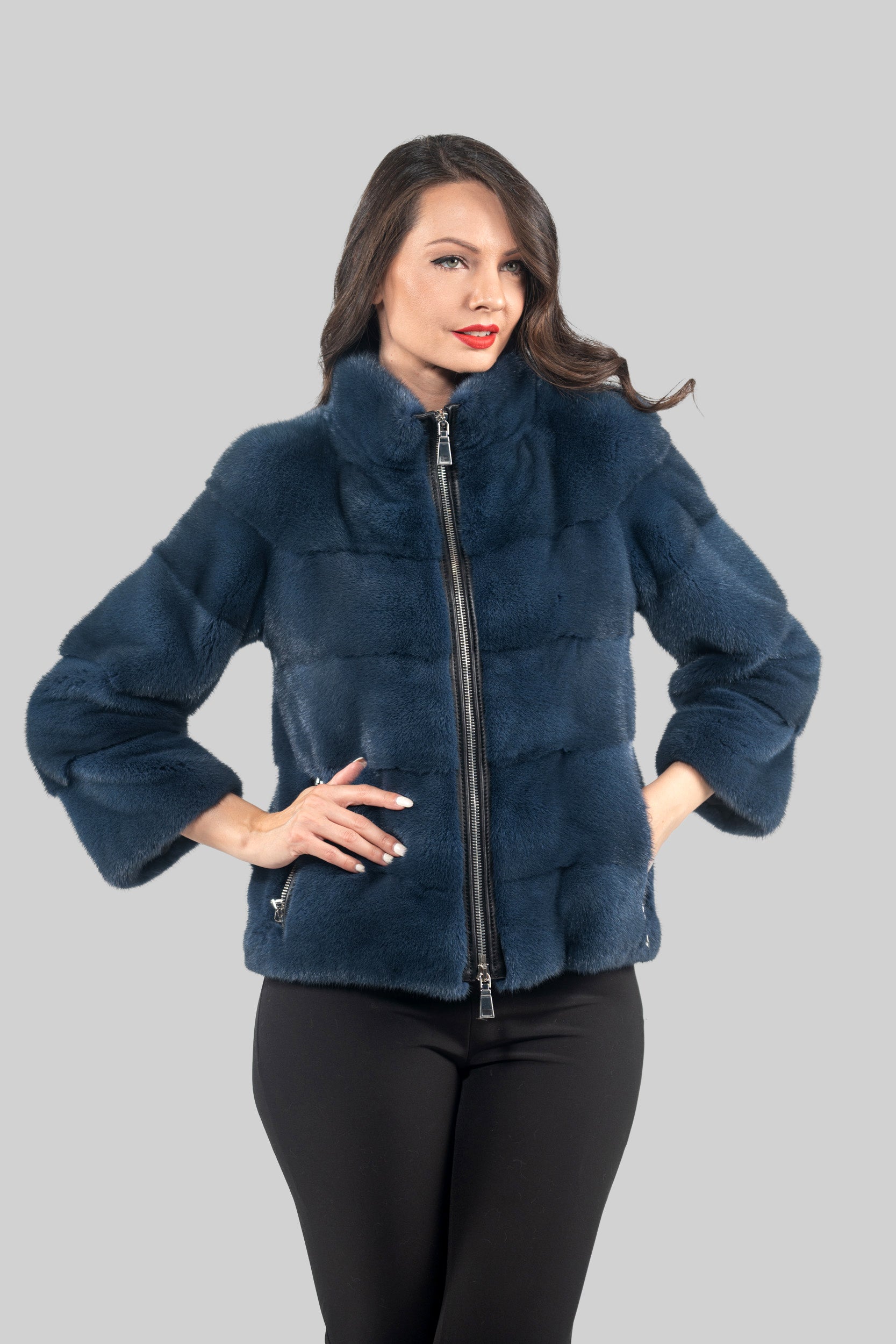 Blue Jean Mink Jacket with Stand Collar and Zipper P/K13C224