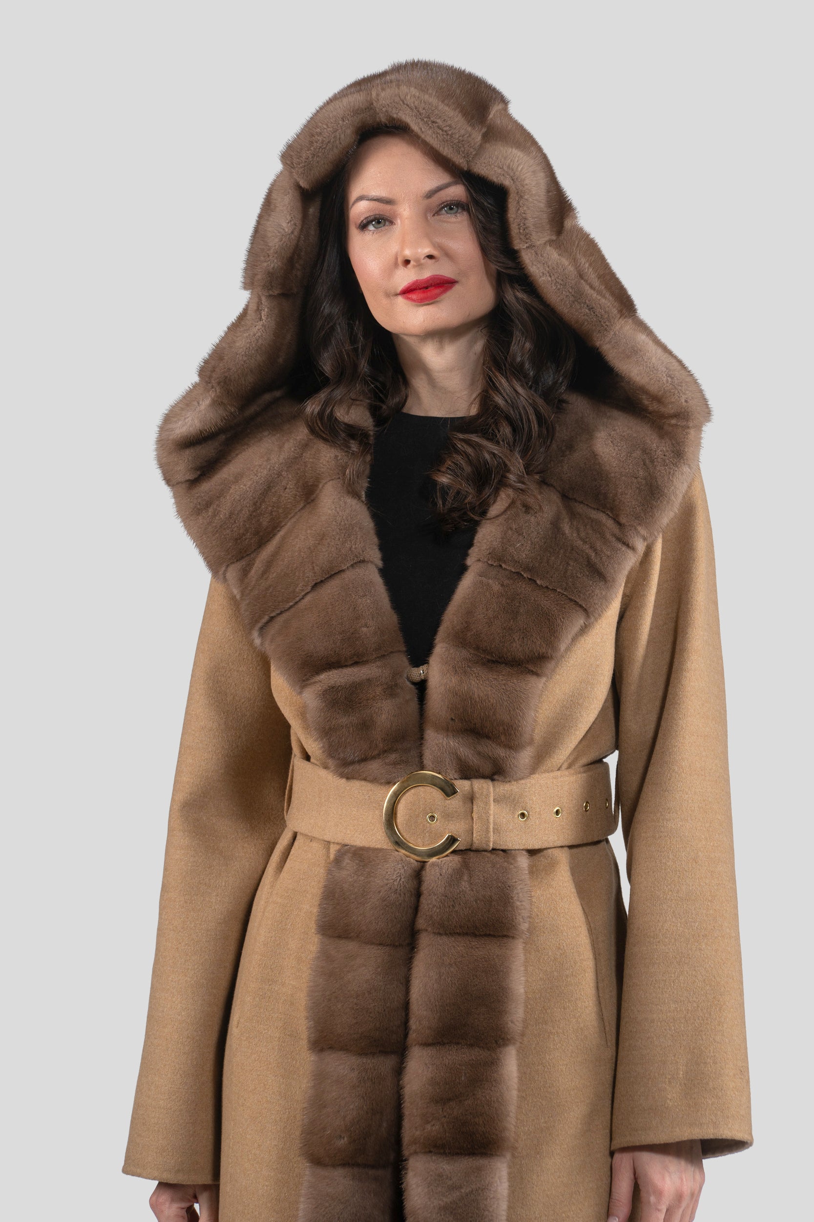 Beige Ecru Cashmere Hooded Coat with Mink Trim 21C6080H540