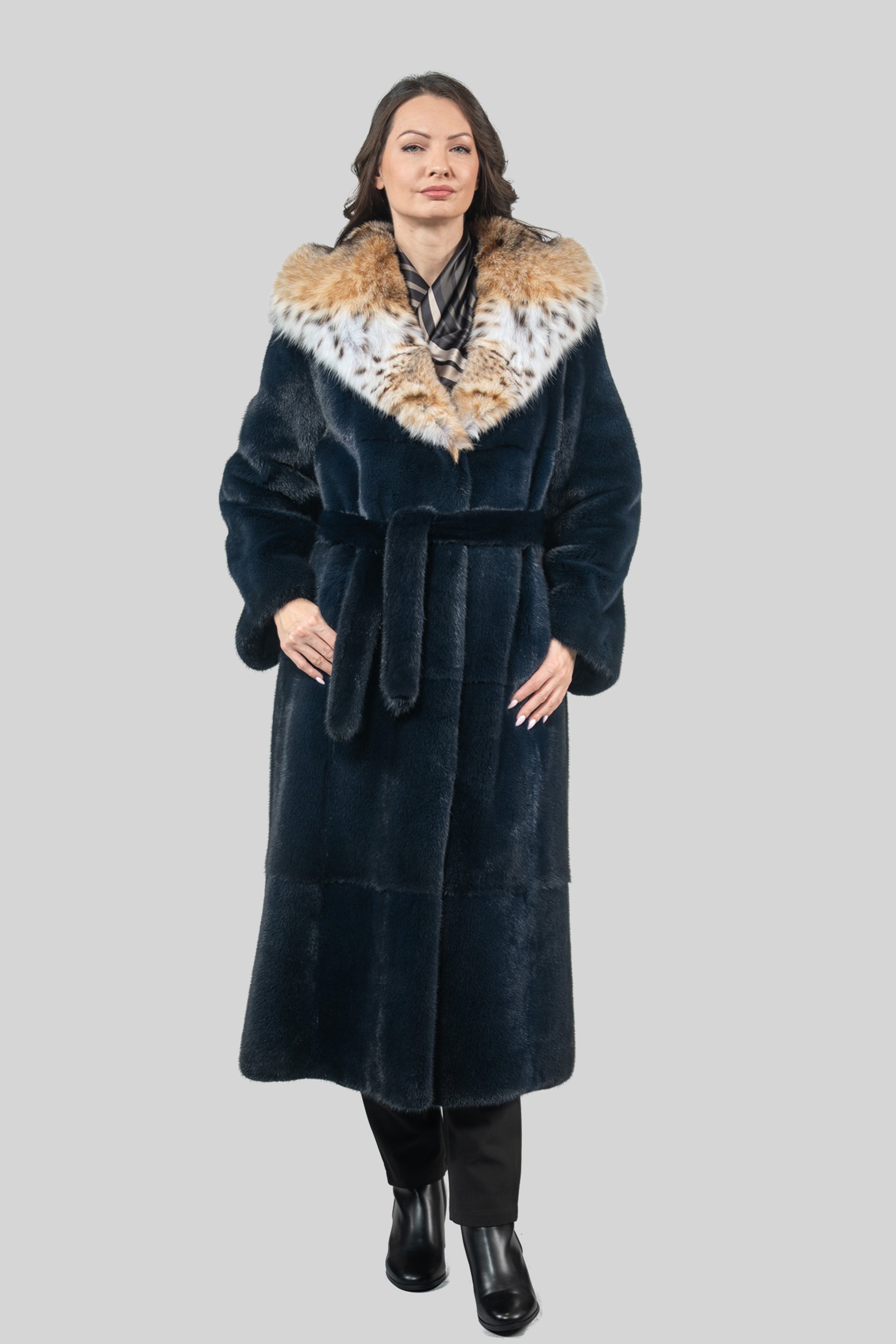 Blue Black Mink Coat with Bobcat Hood S/S13C978