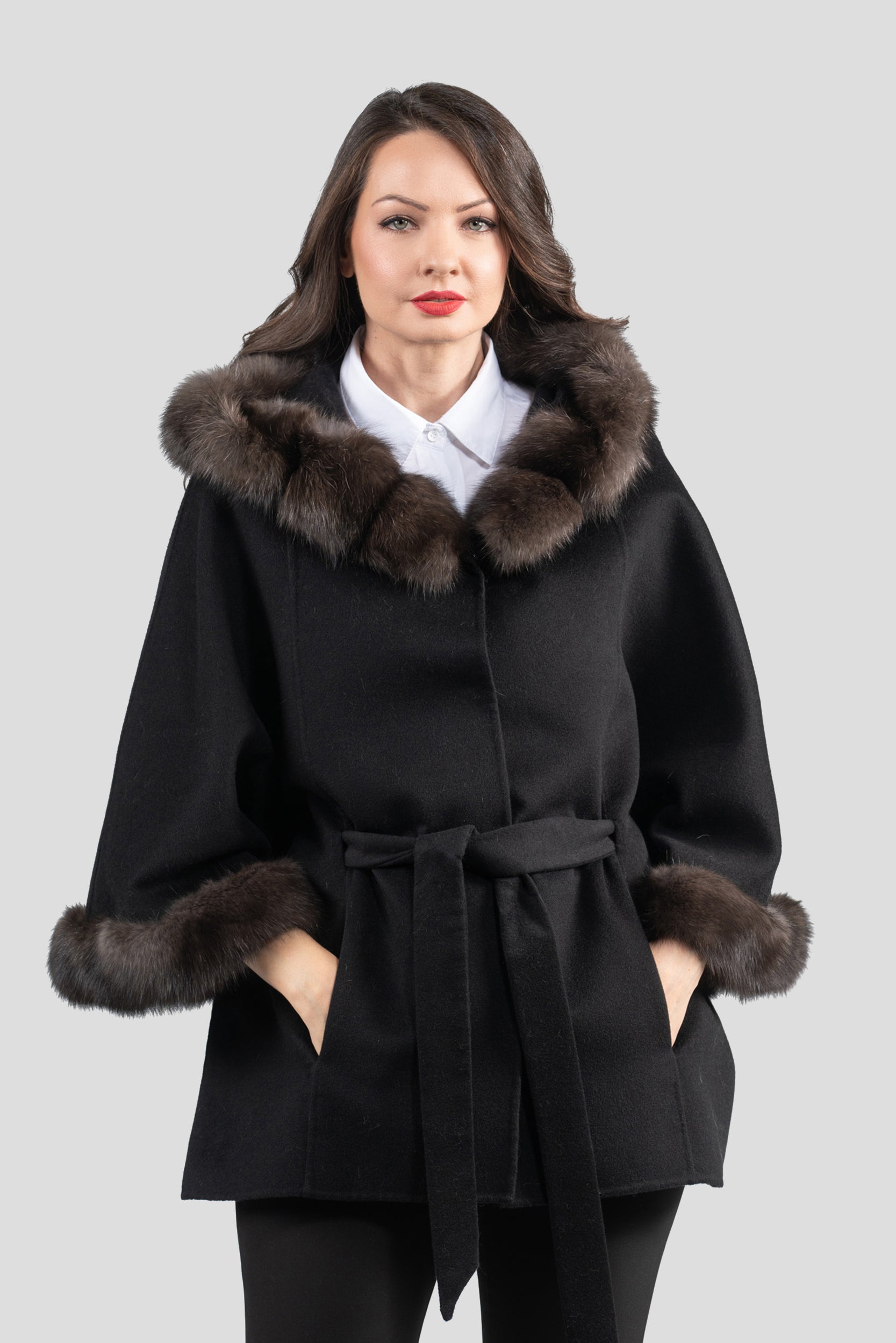 Black Cashmere Hooded Cape with Russian Sable Trim 2005H
