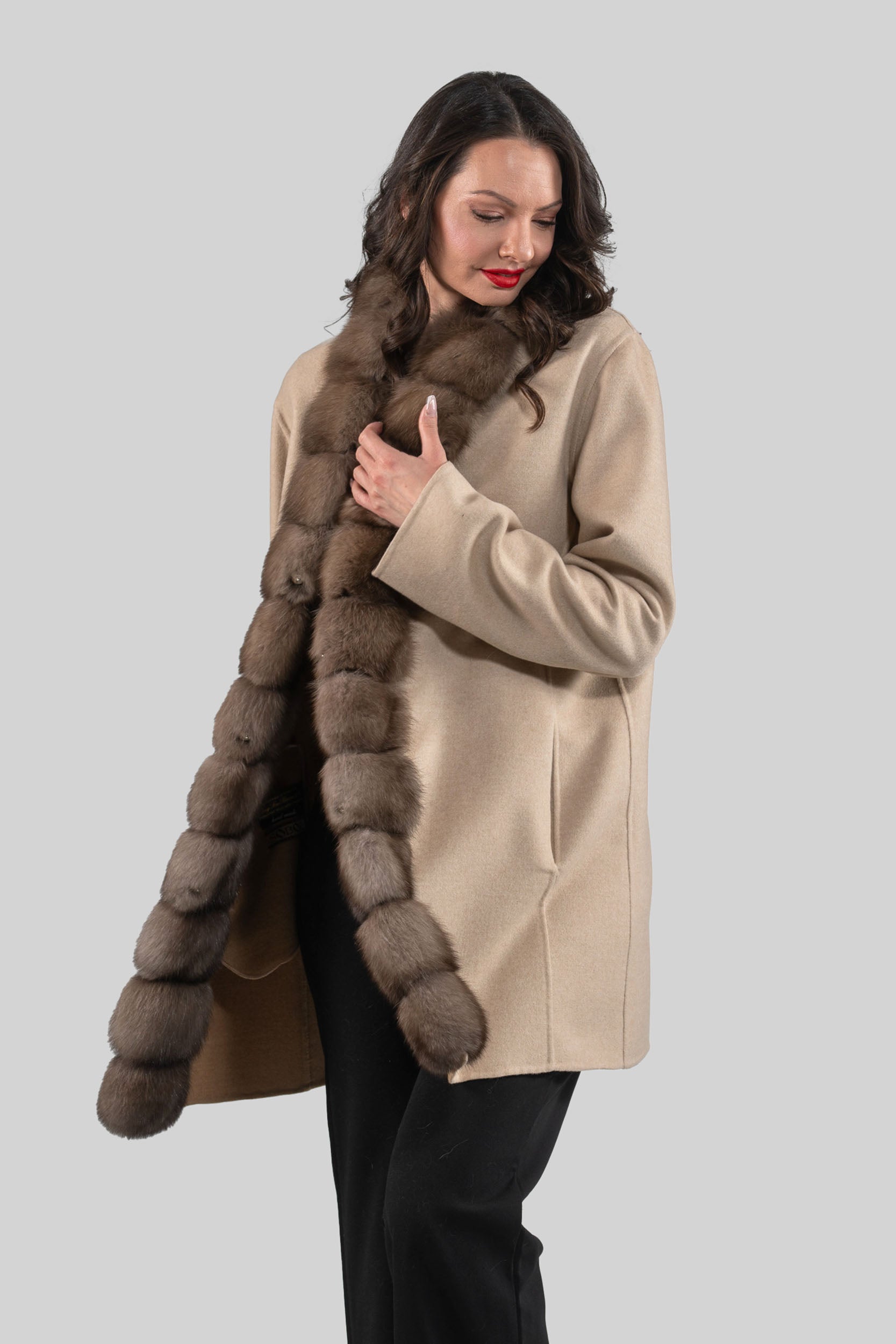 Ecru Cashmere Half Coat with Russian Sable Trim 21C6080