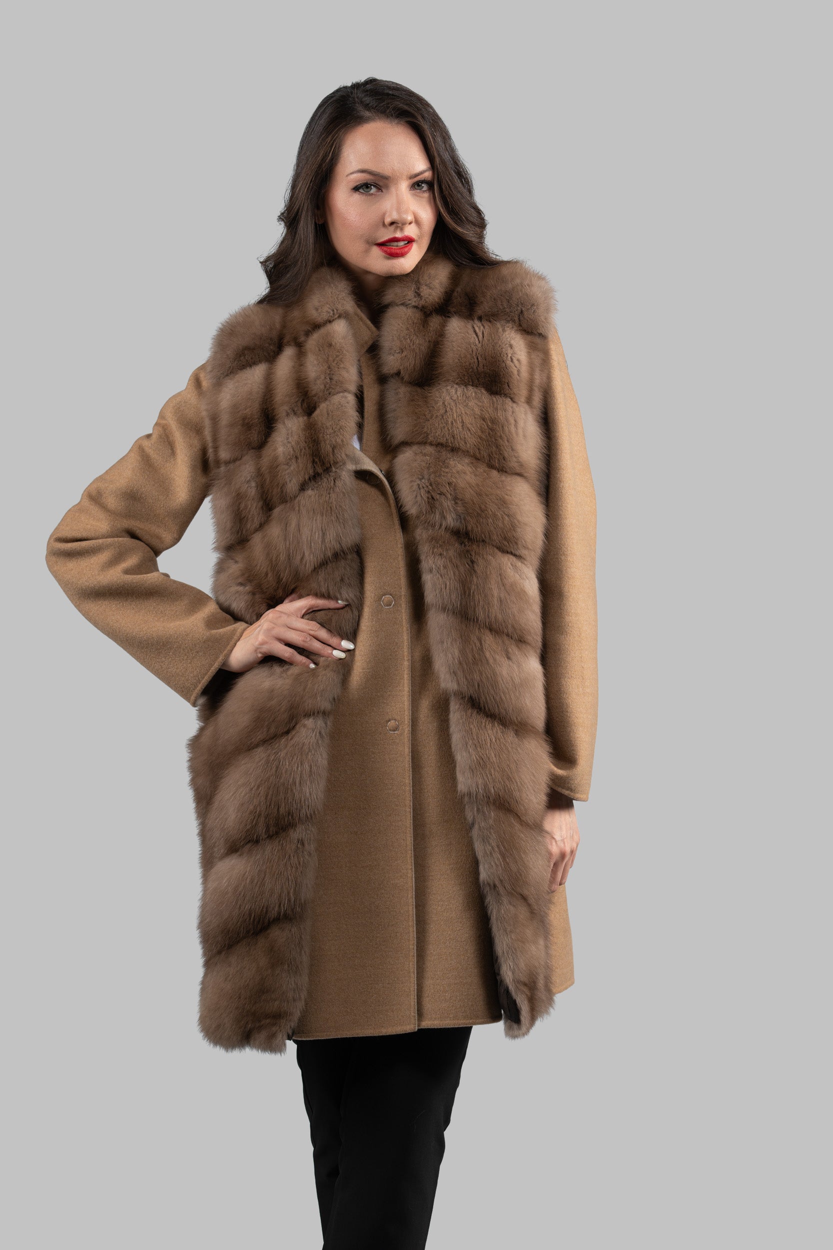 Beige Cashmere Half Coat & Vest with Baumarten Trim 17C8003