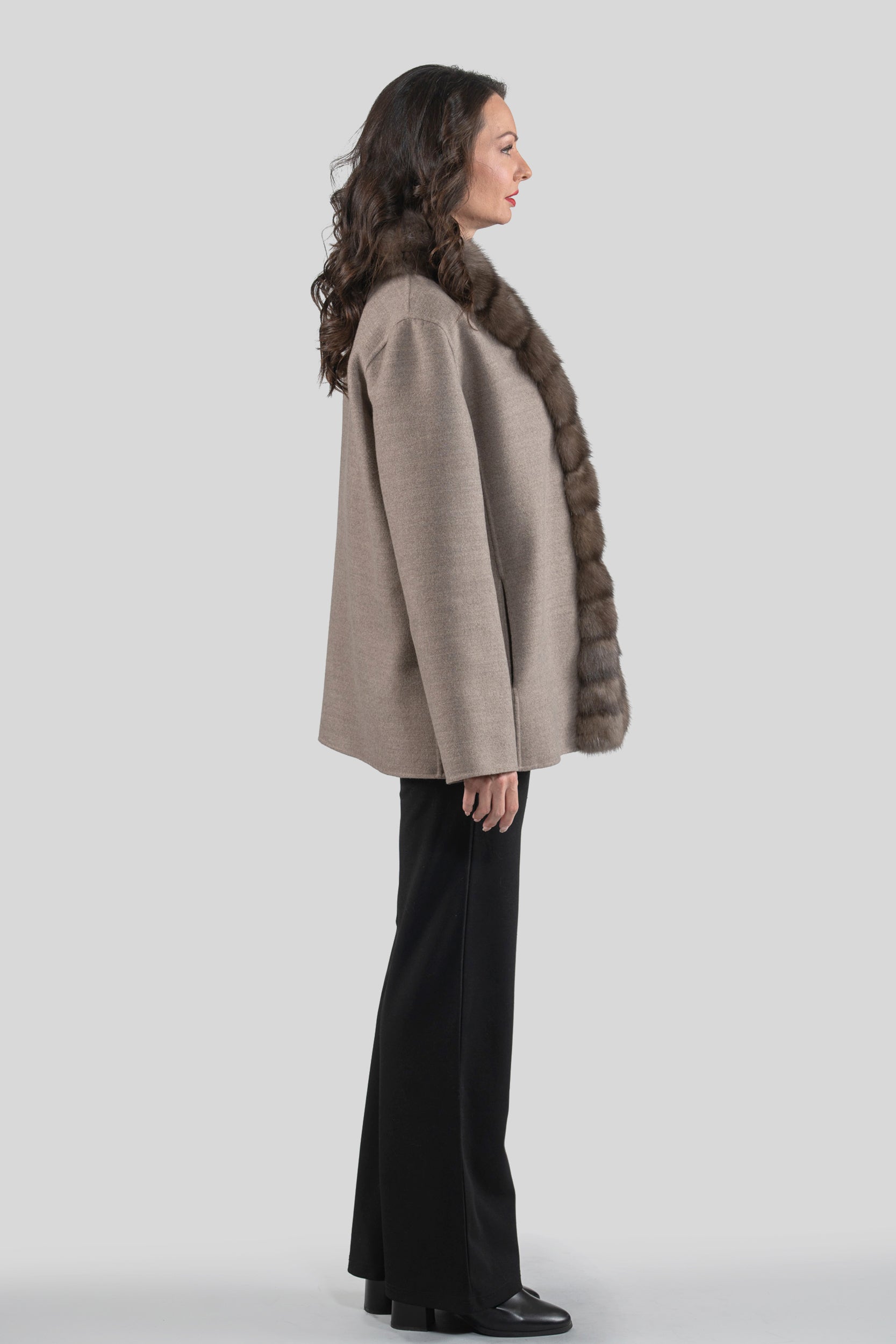 Brown Grey Cashmere Jacket with Russian Sable Trim 21C6080
