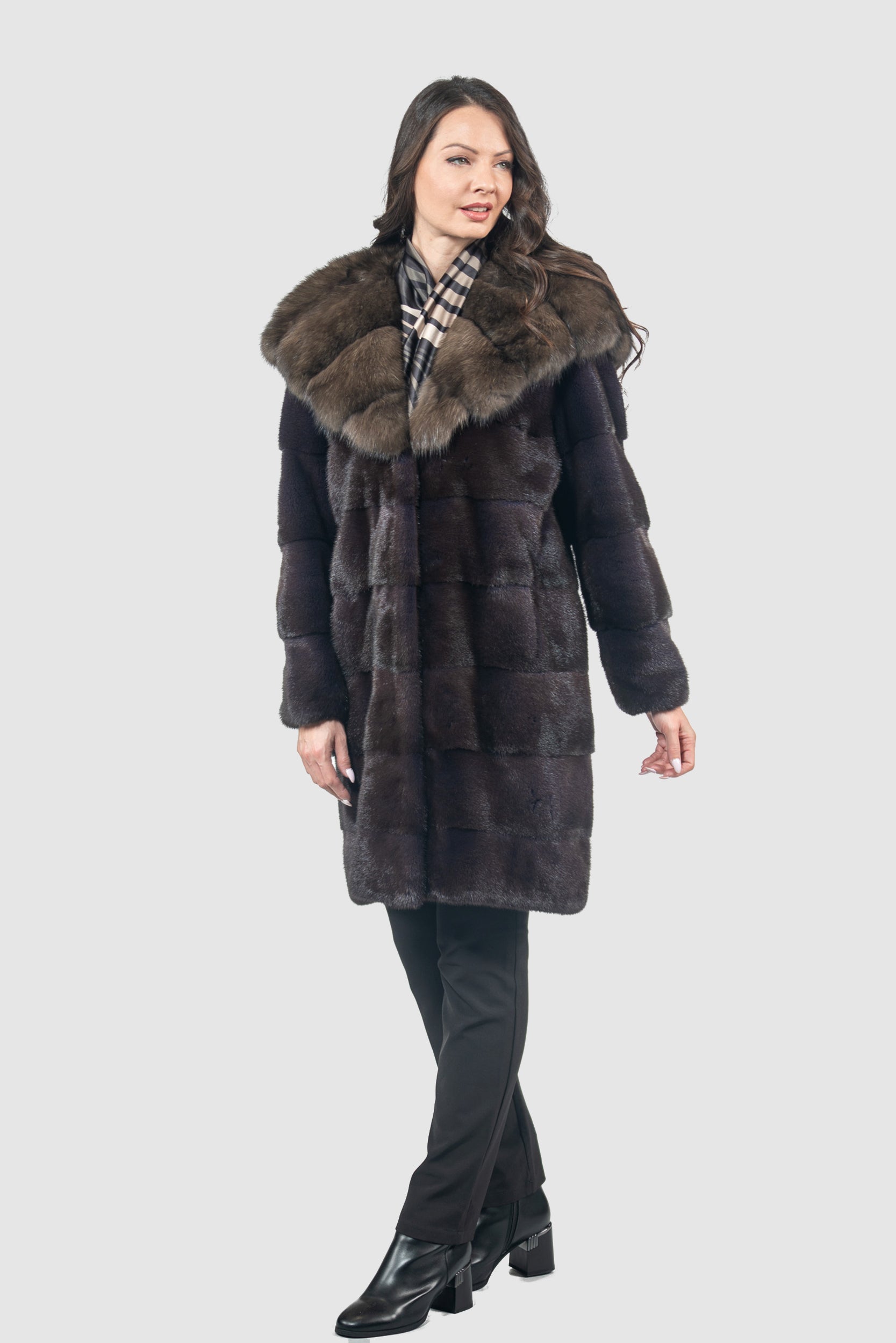 Aubergine Mink Half Coat with Russian Sable Hood P/K13C540