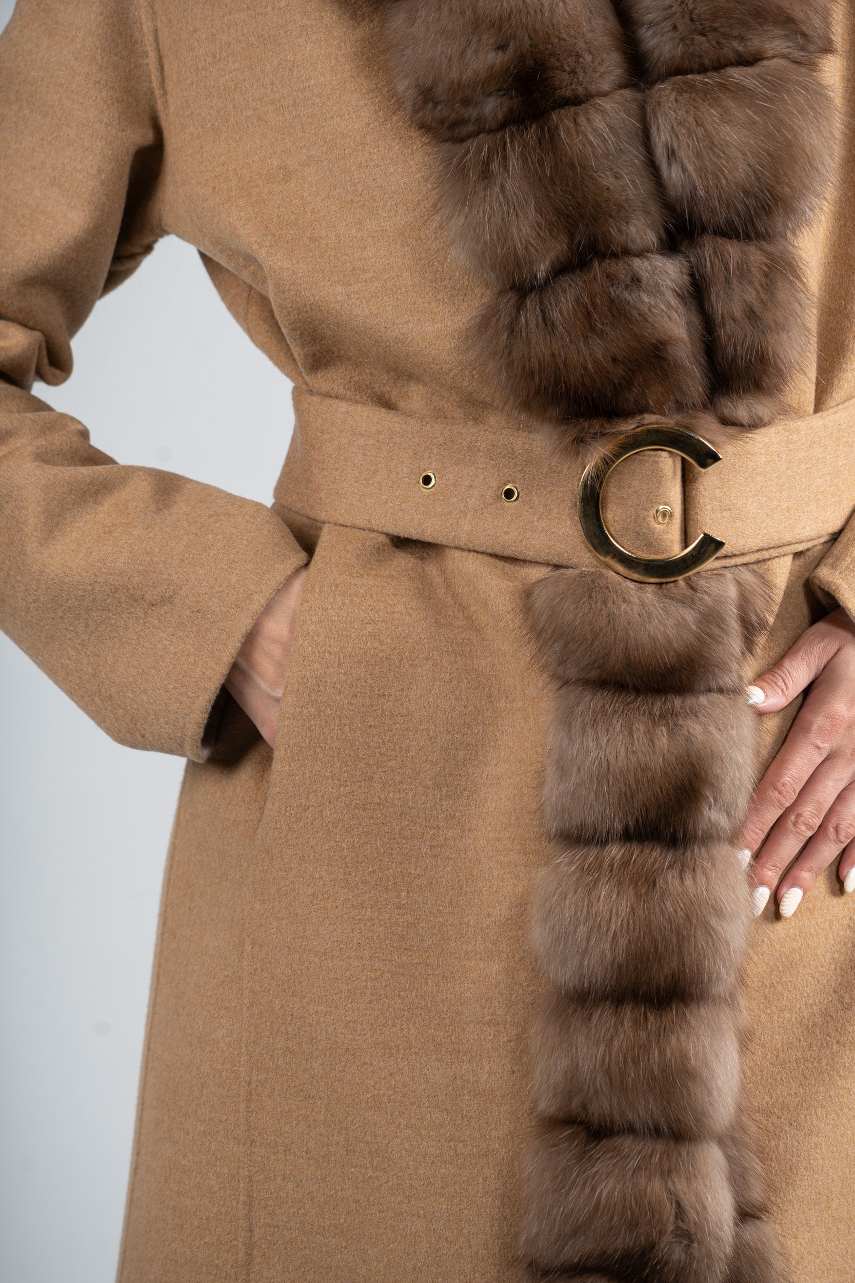 Beige Ecru Cashmere Coat with Russian Sable Trim 21C6080