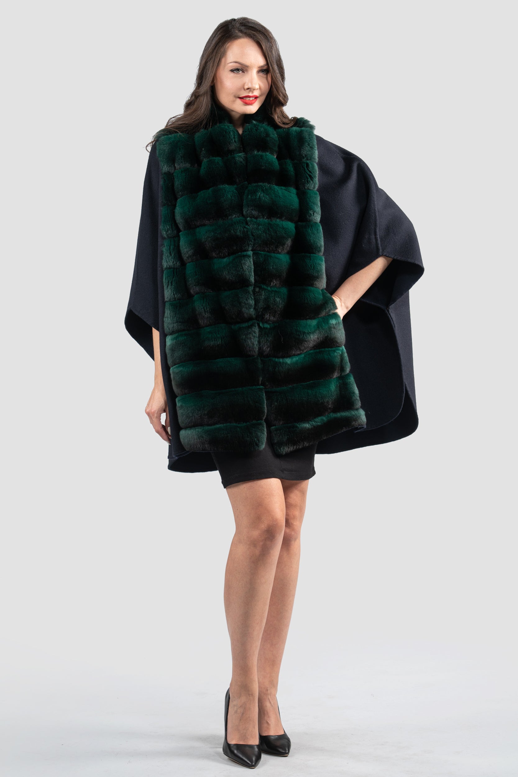 Blue Black Cashmere Cape with Chinchilla Trim 18M950